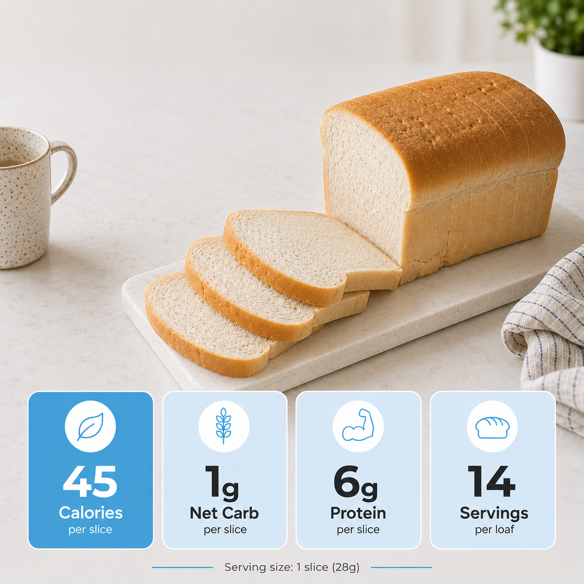 Inspire Protein Kitchen Plain Bread packaging with Nutrition Facts, ingredients and storage instructions. Each slice has 45 calories, 1 gram of net carbs and 6 grams of protein.