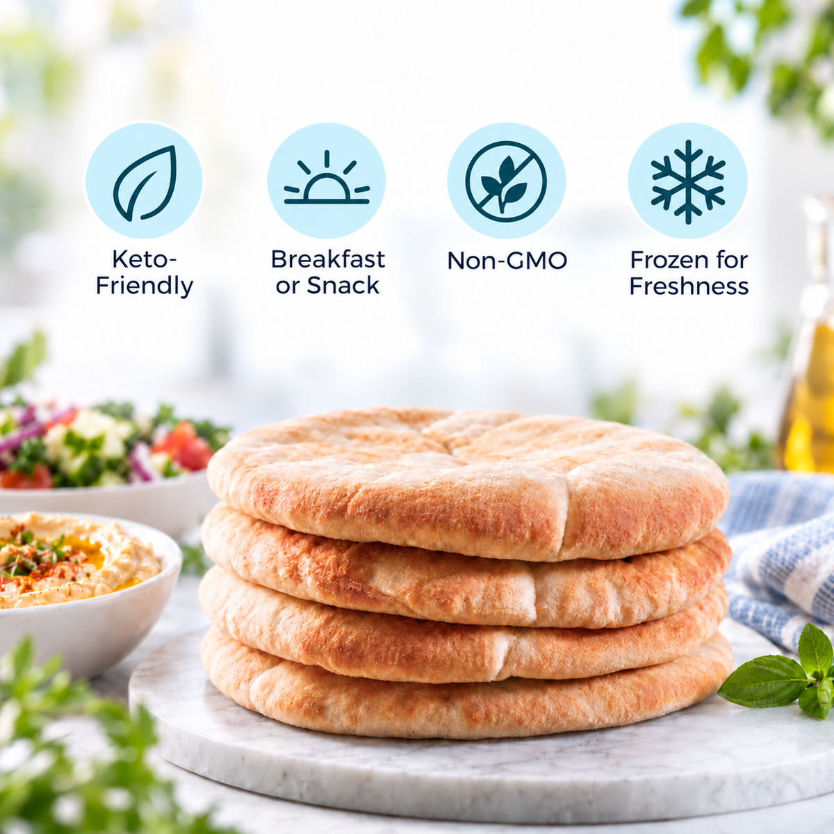 Inspire Protein Kitchen Pita Bread packaging with Nutrition Facts, ingredients, preparation directions and storage instructions. Each pita has 80 calories, 2 grams of net carbs and 10 grams of protein.