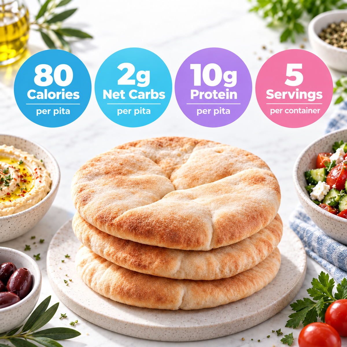 Inspire Protein Kitchen Pita Bread packaging with Nutrition Facts, ingredients, preparation directions and storage instructions. Each pita has 80 calories, 2 grams of net carbs and 10 grams of protein.