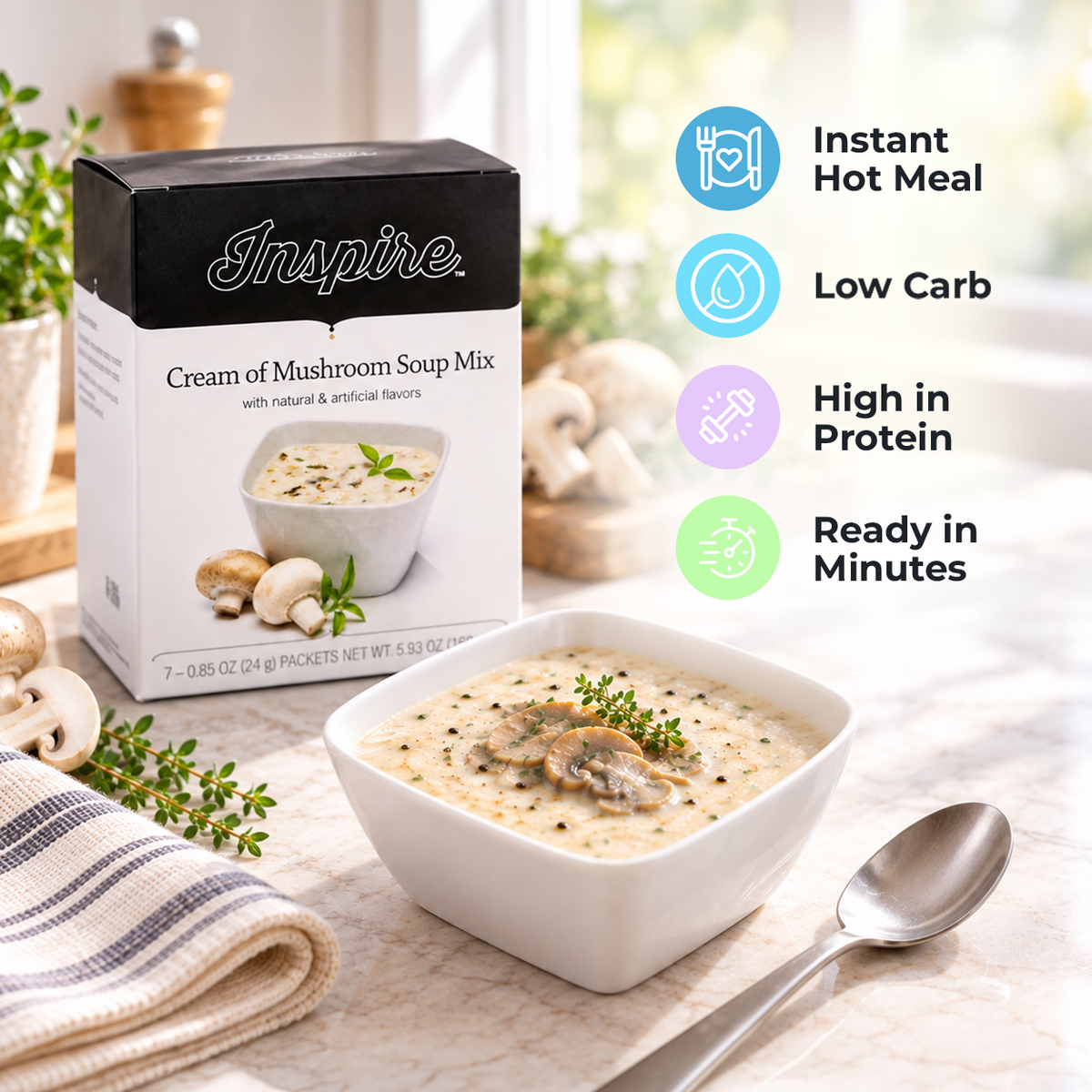 Inspire Protein Cream of Mushroom Soup.  Just add water.
