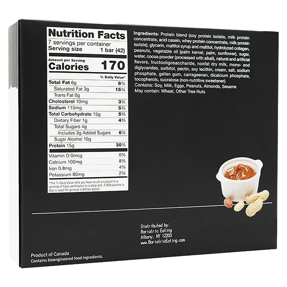 A black nutrition facts label displays detailed information about a protein bar, including calories and ingredients, alongside a small bowl of peanut butter and scattered peanuts.