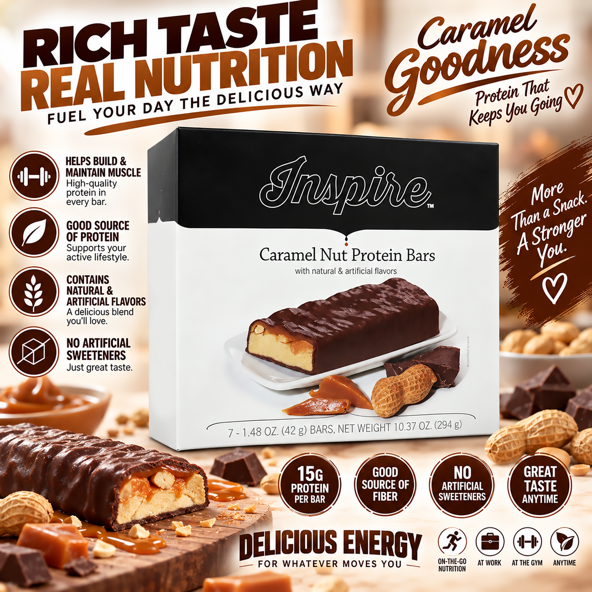 Inspire Caramel Nut Protein & Fiber Bar