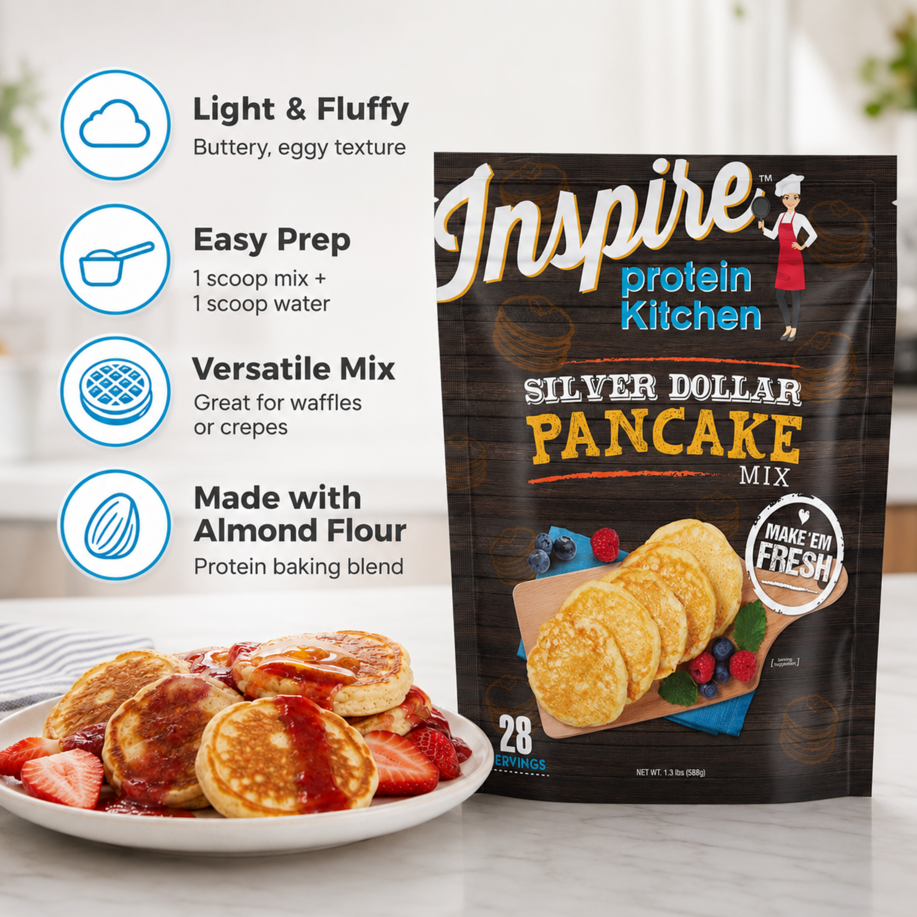 Inspire Silver Dollar Pancake Mix by Protein Kitchen in a bag made with Almond Flour.