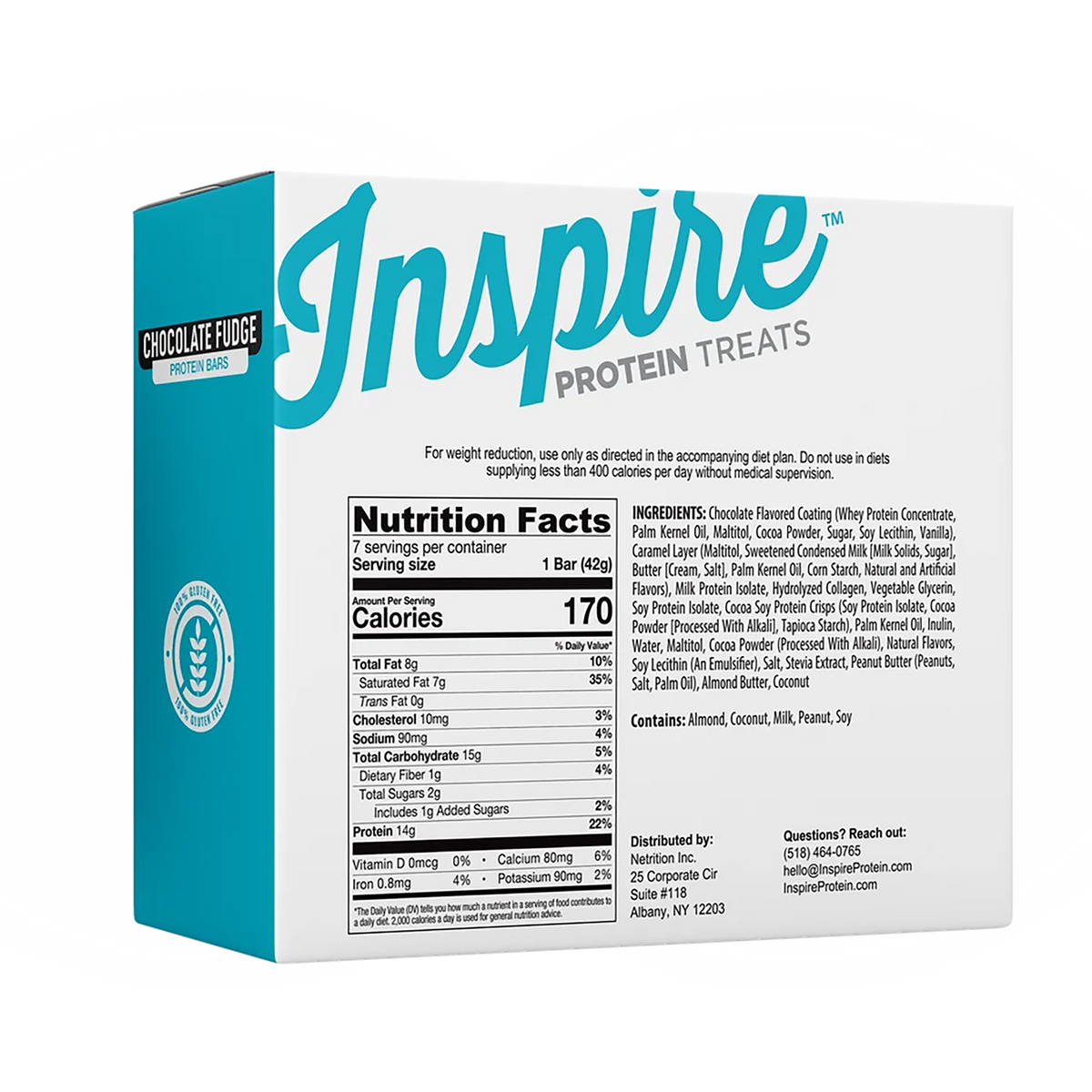 Back of Inspire Chocolate Fudge Protein Bars box showing Nutrition Facts, ingredients and allergen information. One bar contains 170 calories and 14g protein.