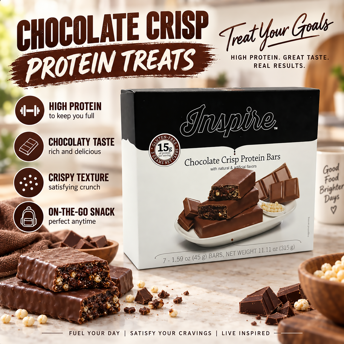 Inspire Chocolate Crisp Protein Bars, a high-protein snack designed to support muscle maintenance with a delicious chocolate crunch.