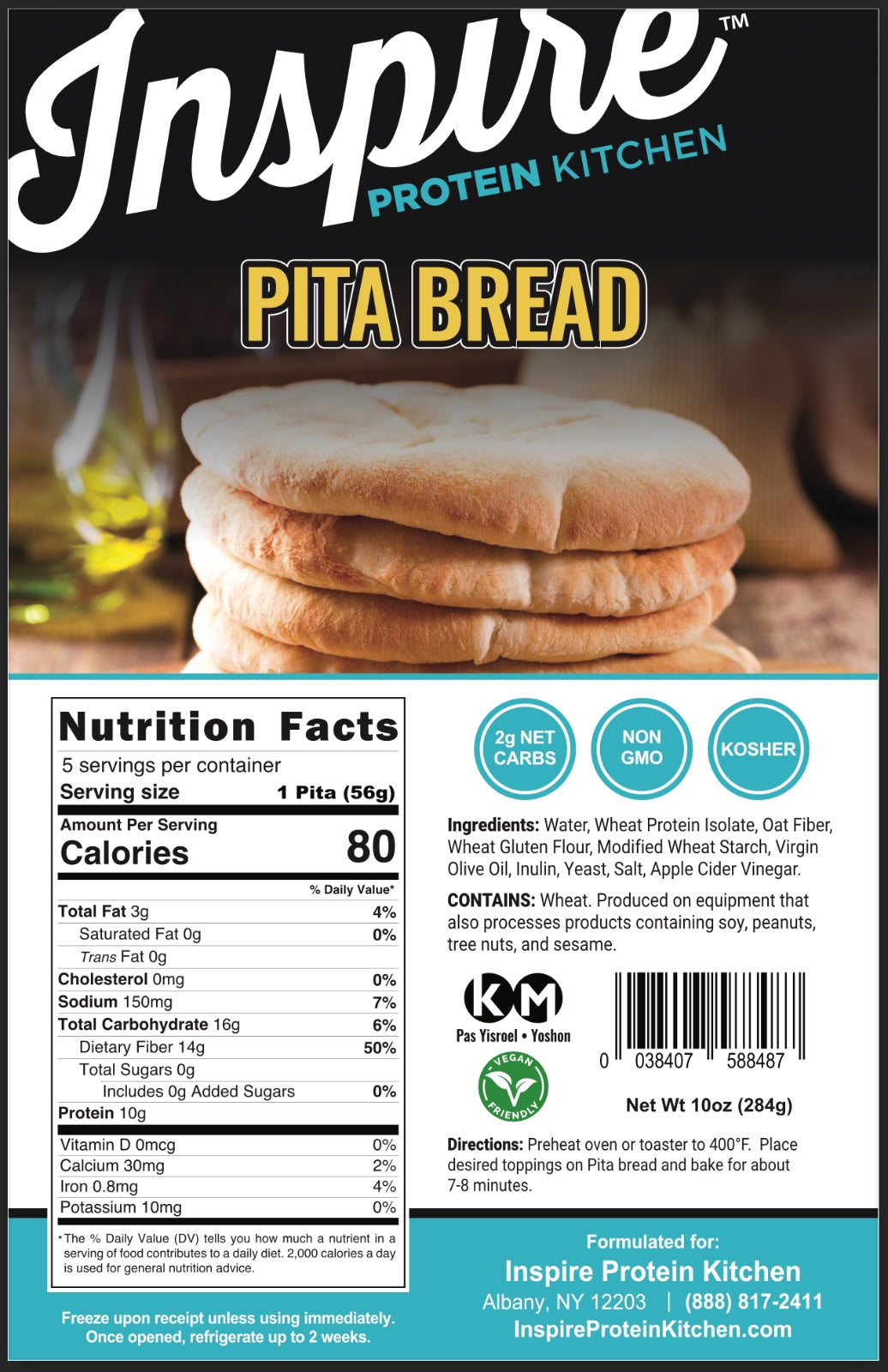 Inspire Protein Kitchen Pita Bread packaging with Nutrition Facts, ingredients, preparation directions and storage instructions. Each pita has 80 calories, 2 grams of net carbs and 10 grams of protein.