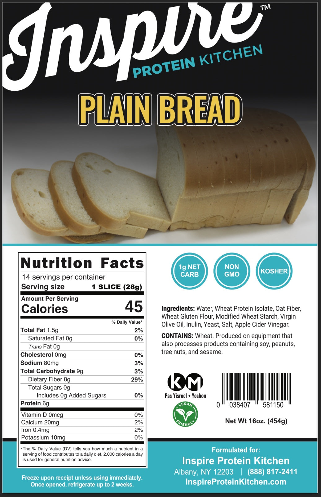 Inspire Protein Kitchen Plain Bread packaging with Nutrition Facts, ingredients and storage instructions. Each slice has 45 calories, 1 gram of net carbs and 6 grams of protein.