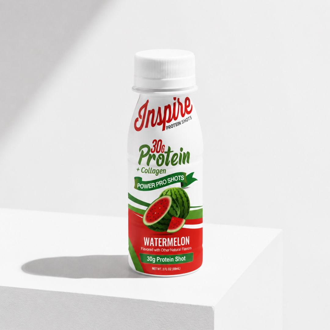 Inspire Watermelon Power Pro Shot with 30 grams of protein plus collagen in a 3-fluid-ounce serving.