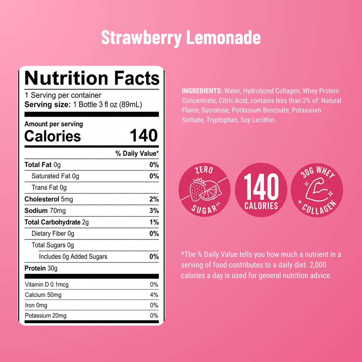 Inspire Strawberry Lemonade Power Shot with 30 grams of protein plus collagen in a 3-fluid-ounce serving.