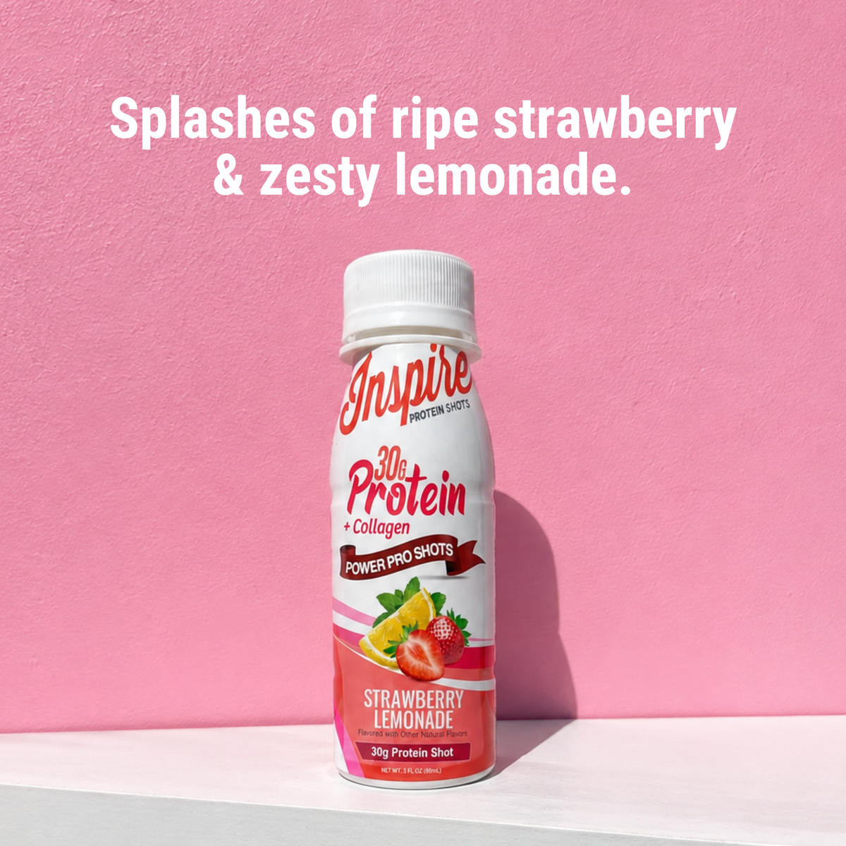 Inspire Strawberry Lemonade Power Shot with 30 grams of protein plus collagen in a 3-fluid-ounce serving.
