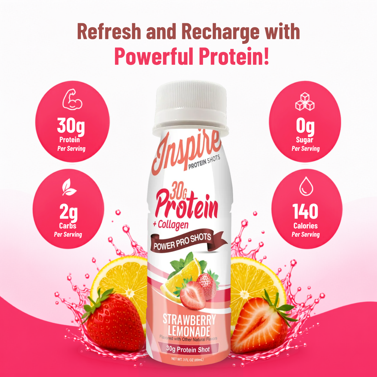 Inspire Strawberry Lemonade Power Shot with 30 grams of protein plus collagen in a 3-fluid-ounce serving.