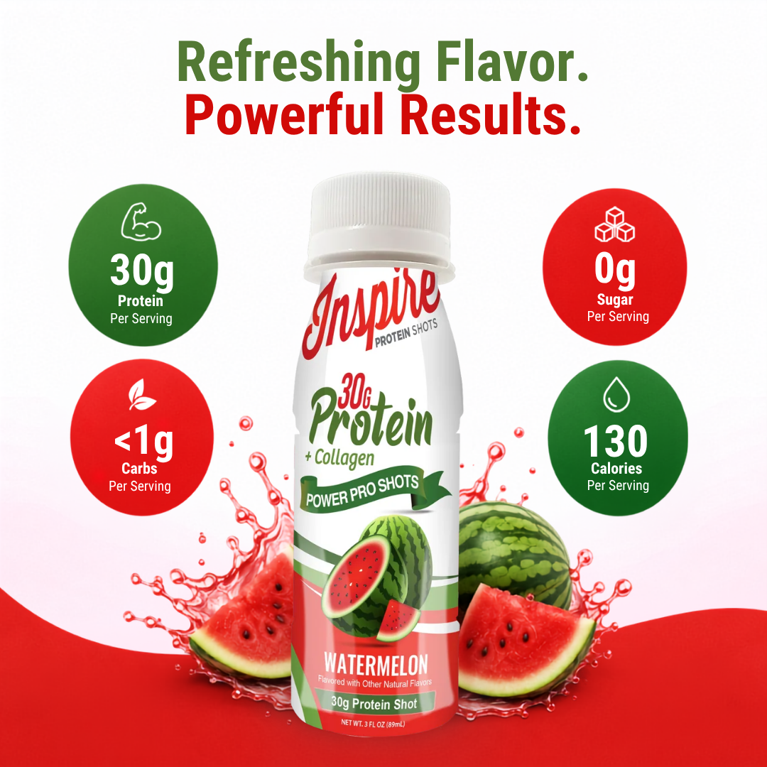 Inspire Watermelon Power Pro Shot with 30 grams of protein plus collagen in a 3-fluid-ounce serving.