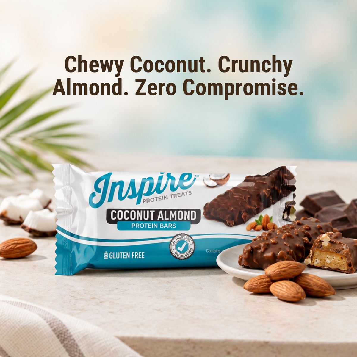 Inspire Coconut Almond Protein Bars with 13 grams of protein per bar. Gluten-free, seven-count package.