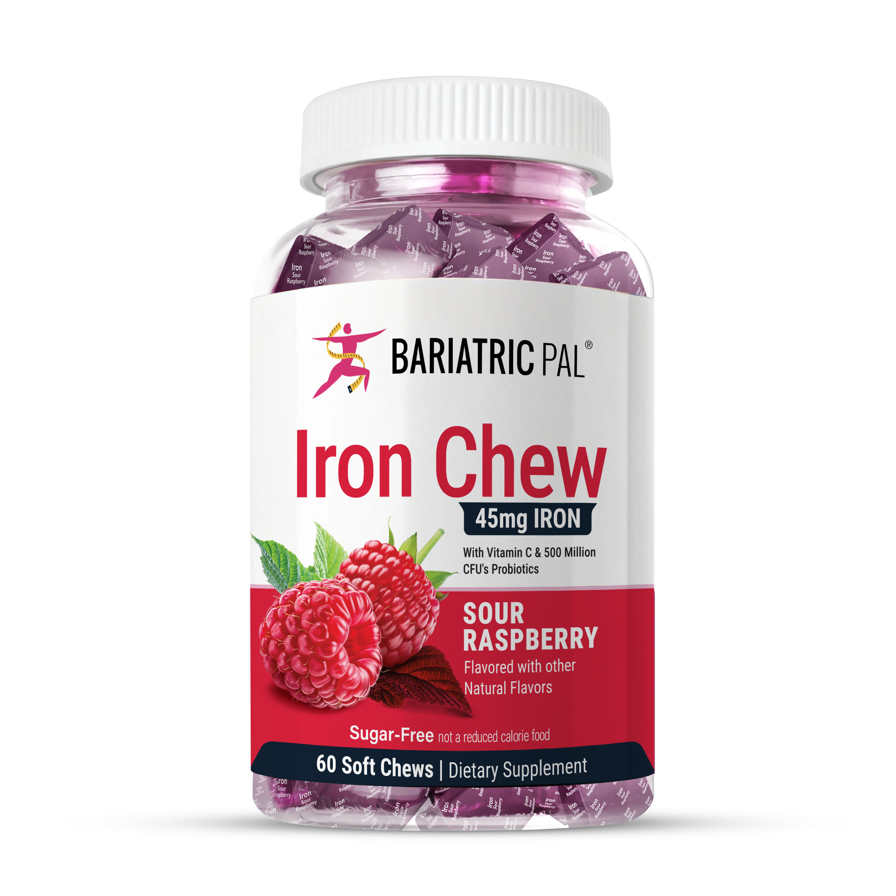 A bottle of BariatricPal Iron Chew dietary supplements, specifically Sour Raspberry flavor. The product is shown in a clear plastic bottle with a white cap and a white label featuring red and pink graphics, with the brand name 'BariatricPal' clearly visible.