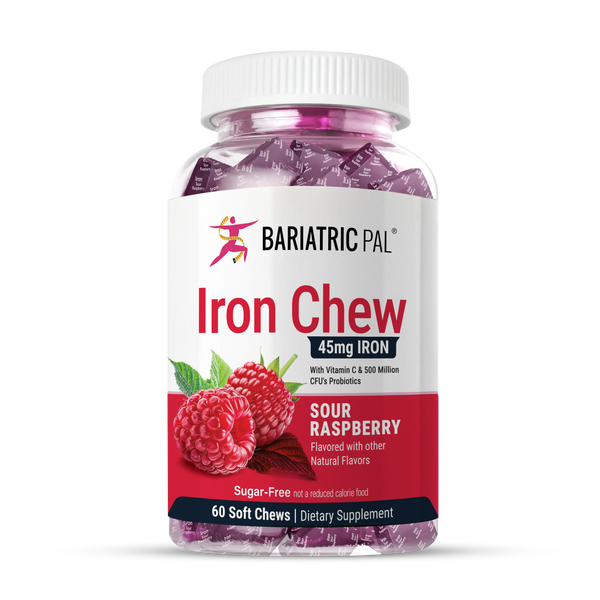 BariatricPal Sour Raspberry Iron Chews with 45 mg iron, vitamin C and probiotics. Sugar-free, 60-count bottle.