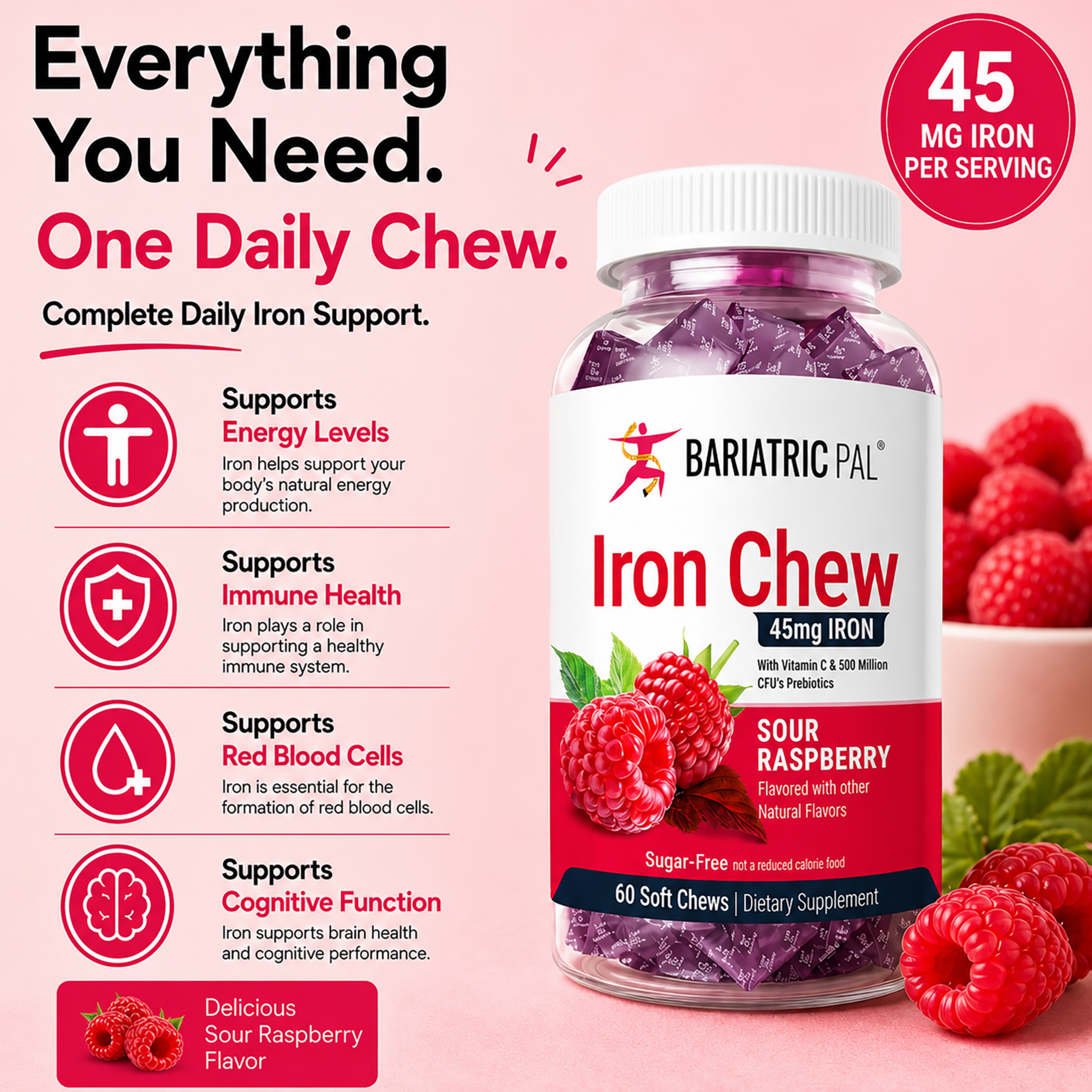 A bottle of BariatricPal Iron Chew dietary supplement shown on a pink background with promotional text and fruit imagery. The bottle is white with a white cap and a label featuring red, white, and black, with sour raspberry graphics.