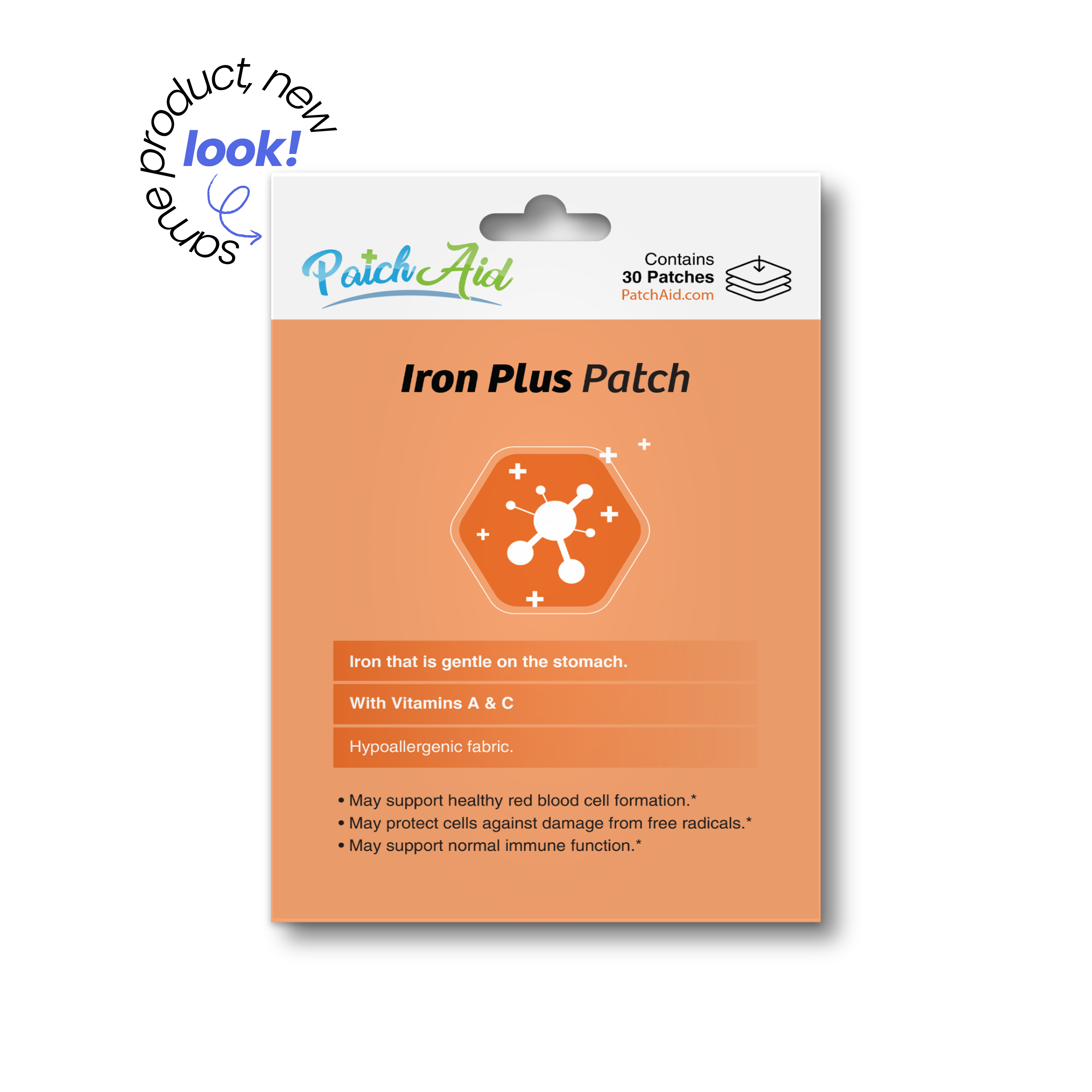 PatchAid Iron Plus Patches with gentle iron and vitamins A and C. Contains 30 hypoallergenic patches.
