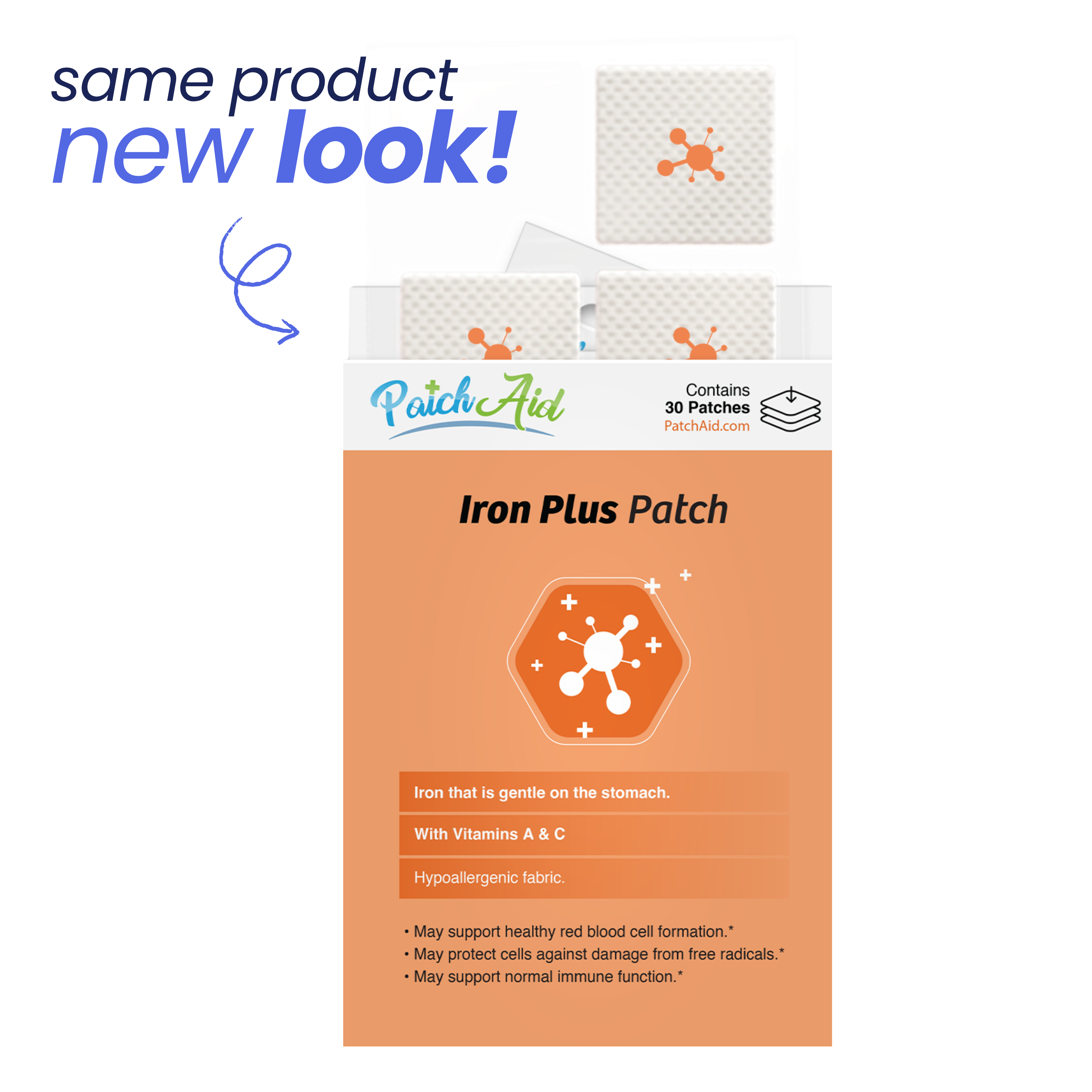 Packaging of Iron Plus Patch with 'Same Product, New Look' text 