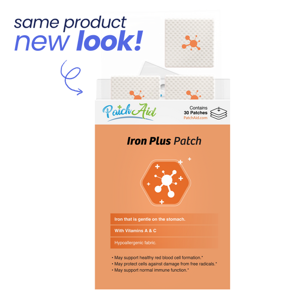 Packaging of Iron Plus Patch with 'Same Product, New Look' text 