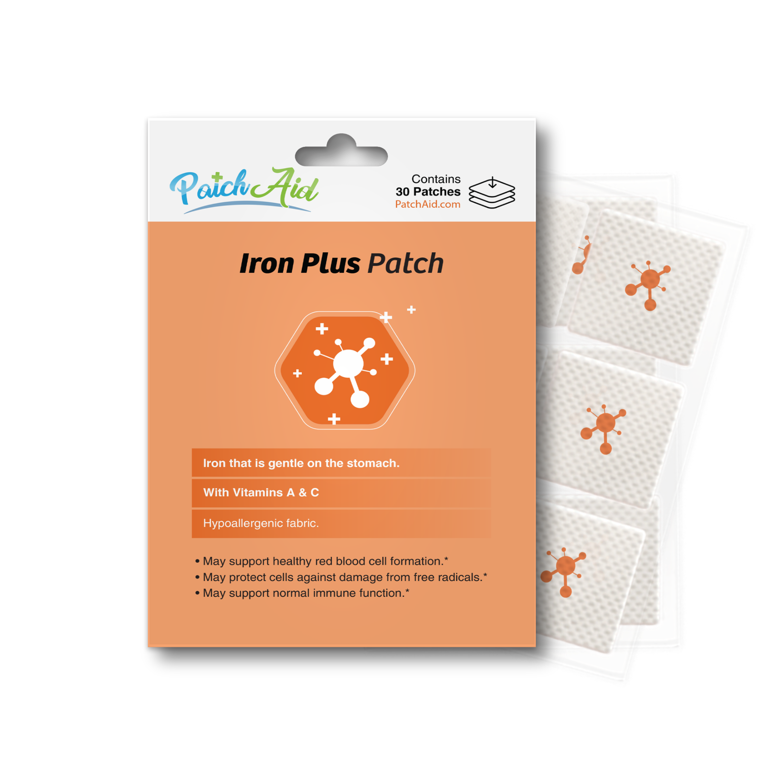 PatchAid Iron Plus Patches with gentle iron and vitamins A and C. Contains 30 hypoallergenic patches.