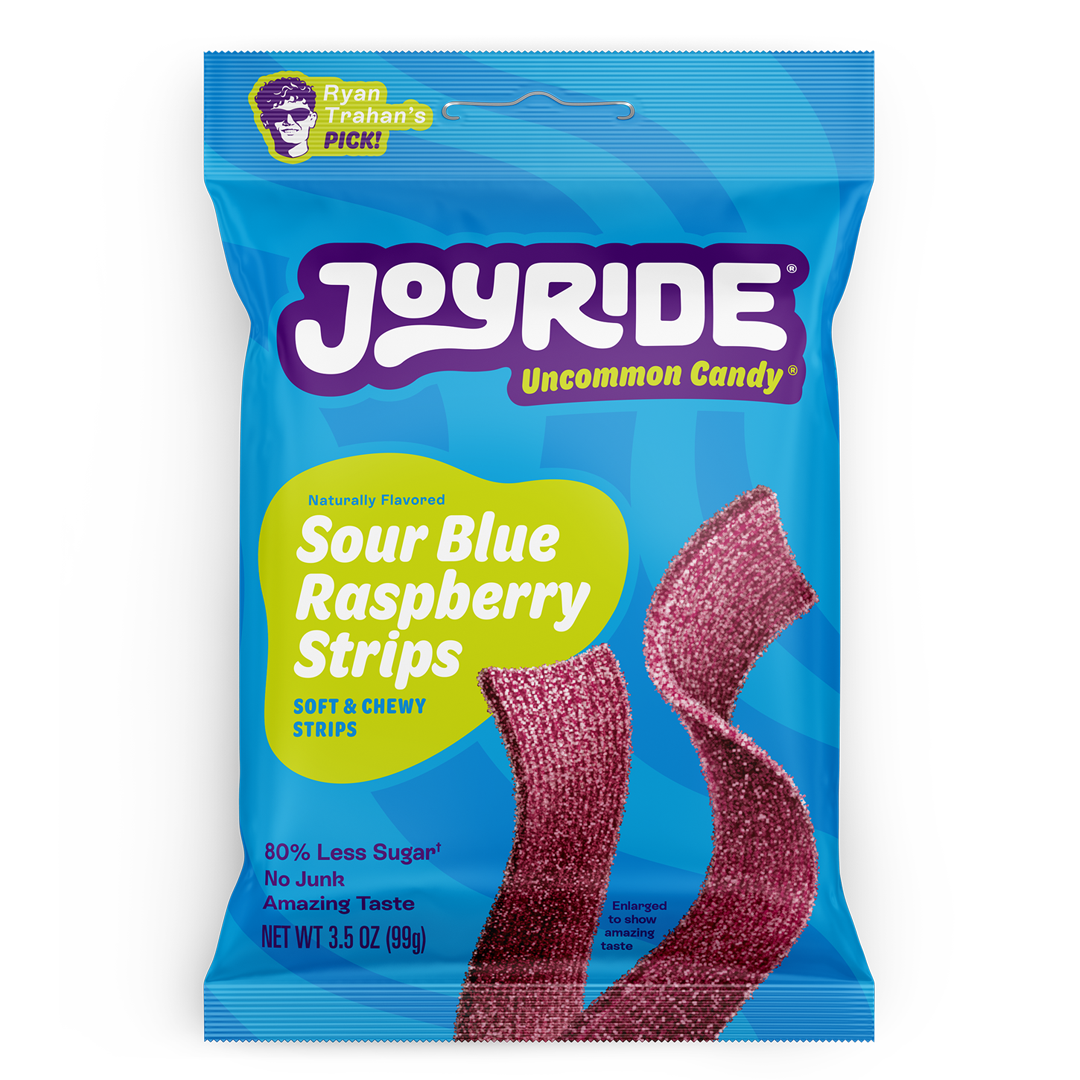 A bright blue package of Joyride Sour Blue Raspberry Strips features chewy candy strips and highlights "80% Less Sugar" and "Ryan Trahan's Pick!" on a colorful background.