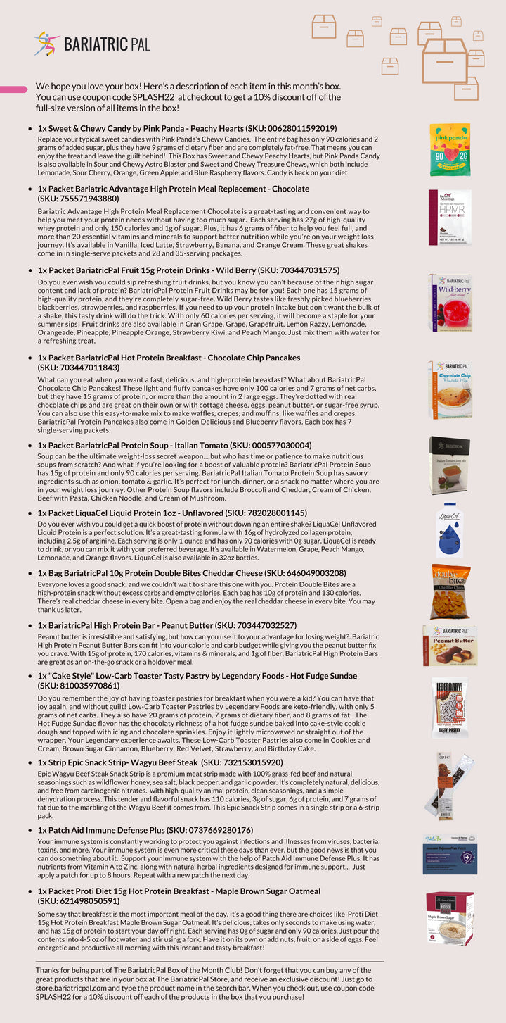 A colorful promotional image displays various bariatric-friendly food products, including protein snacks, drinks, and breakfast items, with descriptions and nutritional information for each item.