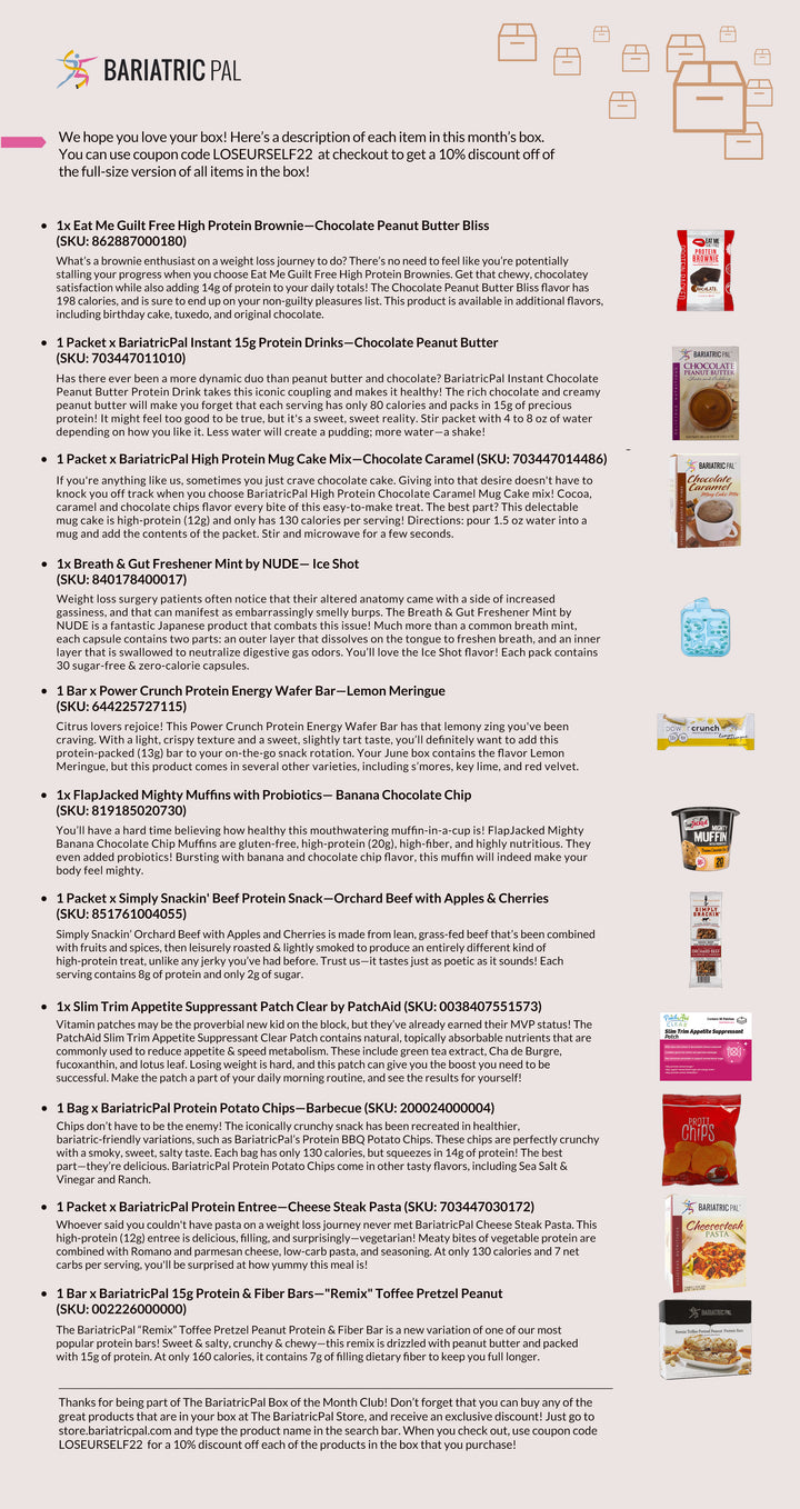 A colorful product list showcases various BariatricPal items, including protein snacks and drinks, with descriptions highlighting their flavors, nutritional benefits, and preparation instructions.