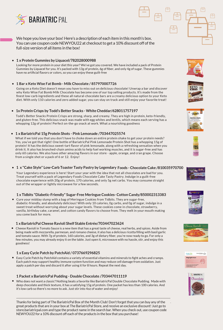 A colorful product list showcases various healthy snacks and meals, including protein gummies, keto-friendly chocolate, and low-carb cookies, with descriptions and nutritional information for each item.