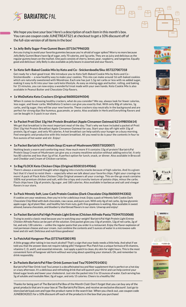 A colorful product list features various low-carb snacks and meals, including sugar-free gummy bears, soft-baked cookies, and protein entrees, with descriptions highlighting their nutritional benefits and flavors.