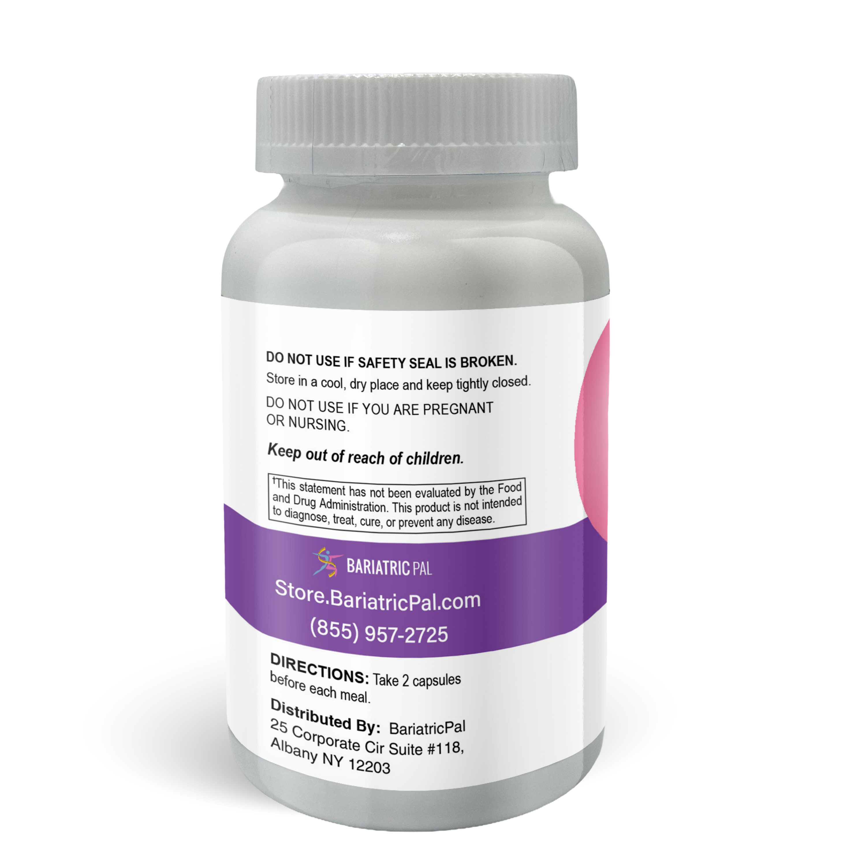 A bottle of BariatricPal KLB-5 with Apple Cider Vinegar featuring suggested use. 