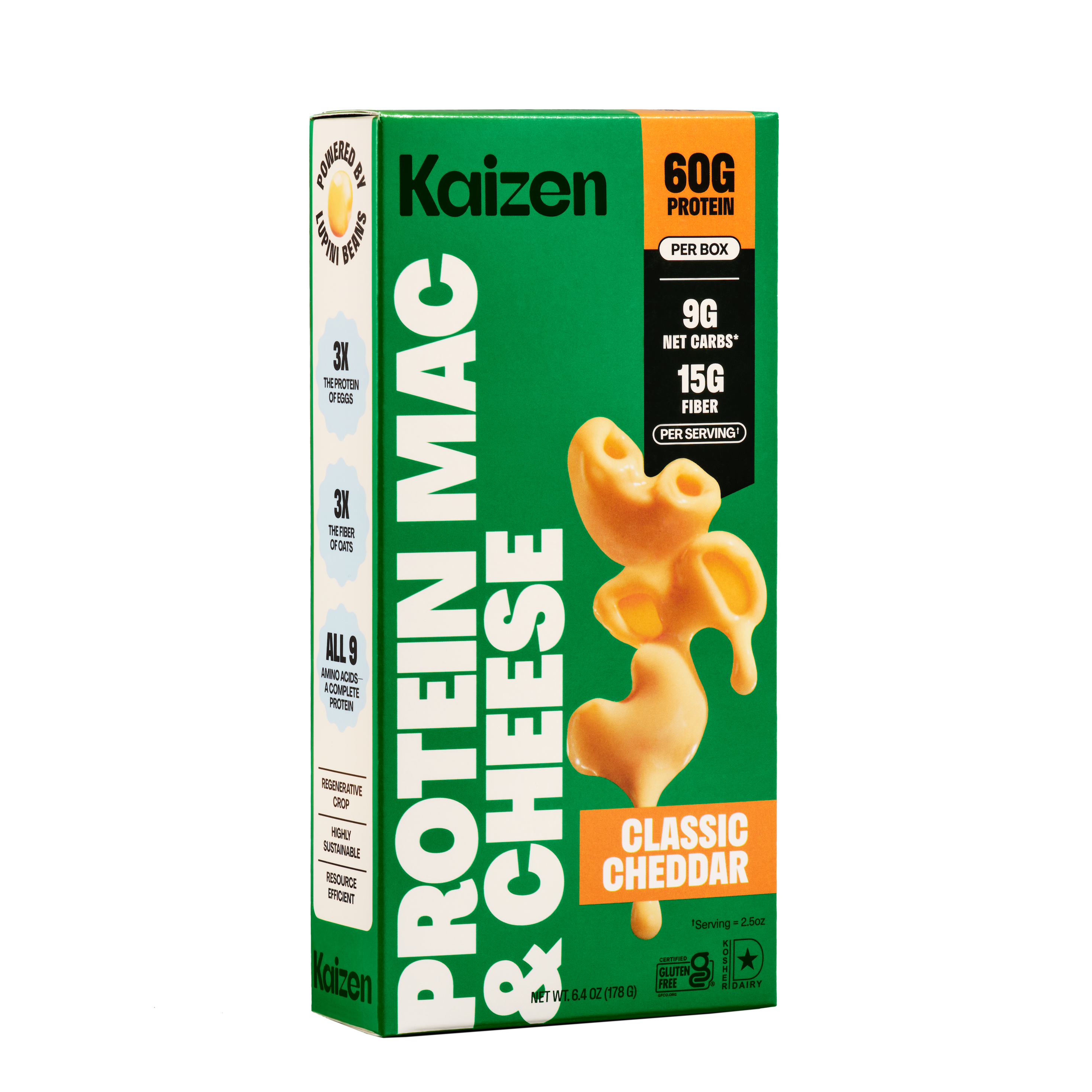 A green box of Kaizen Protein Mac & Cheese features the title prominently, highlights 60g of protein per box, and shows a cheesy pasta shape, labeled "Classic Cheddar."