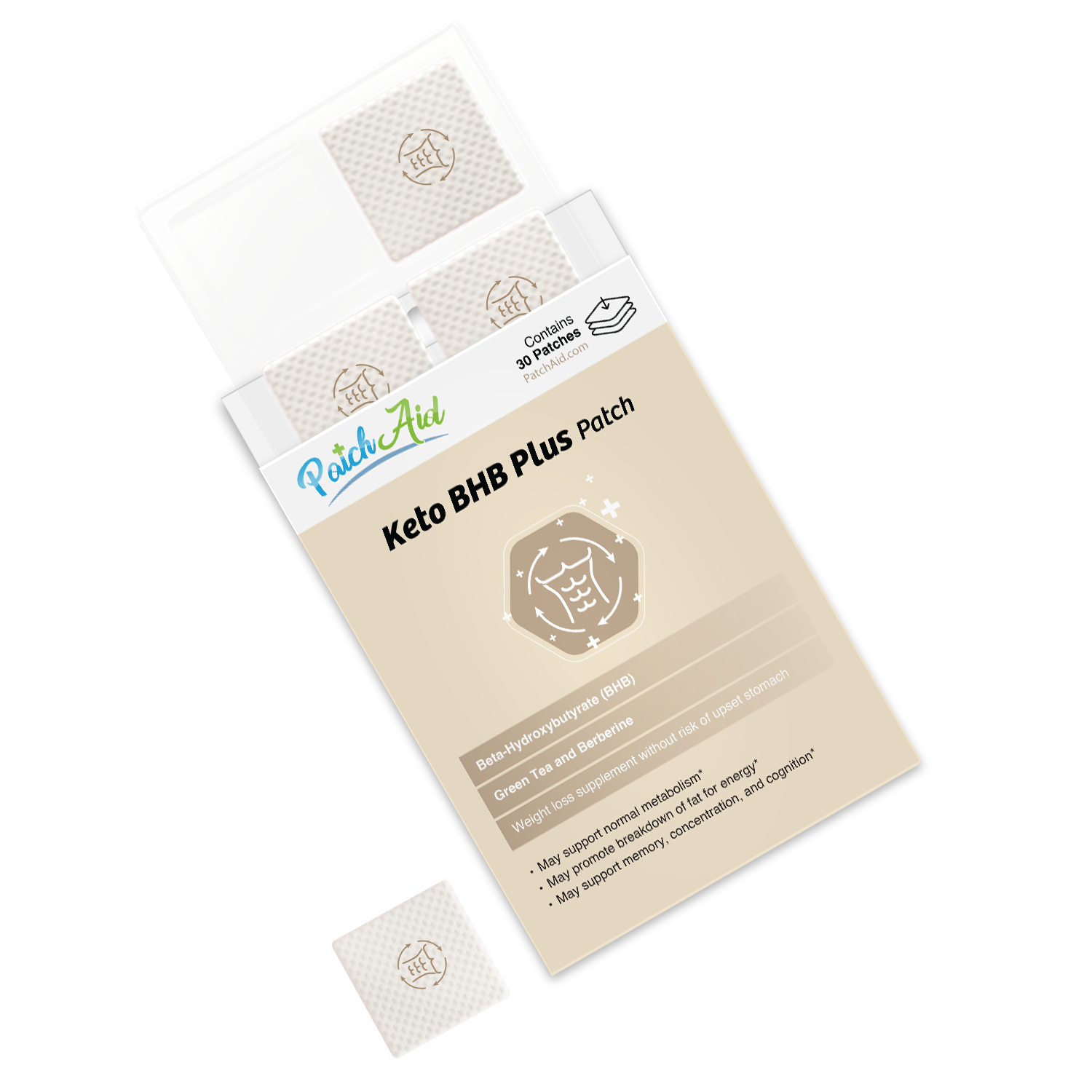 A box of Keto BHB Plus patches is displayed, showing the product name and benefits, with one patch partially visible outside the box, emphasizing its weight loss and cognitive support features.