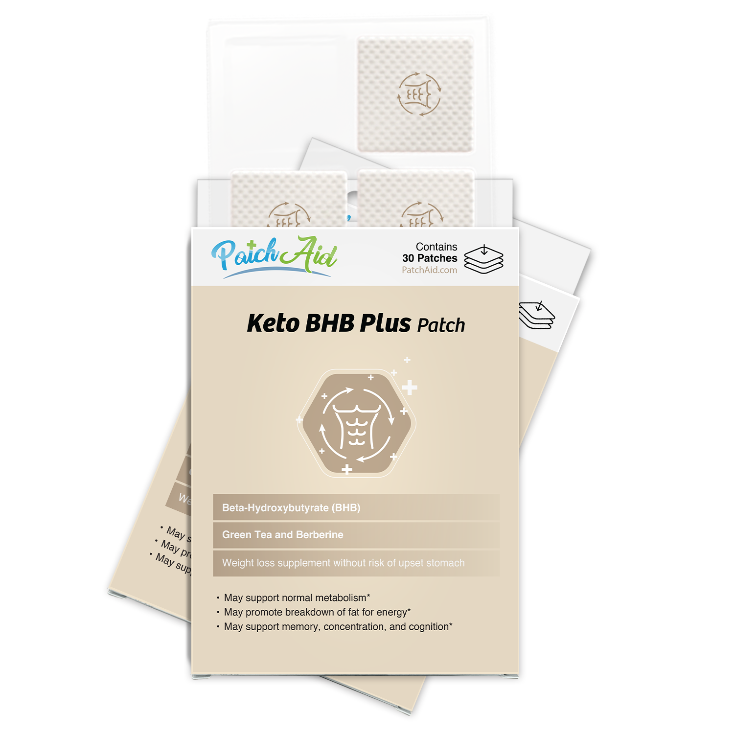 A package of Keto BHB Plus patches from PatchAid, featuring a label that highlights ingredients like Beta-Hydroxybutyrate, Green Tea, and Berberine, with notes on potential health benefits.
