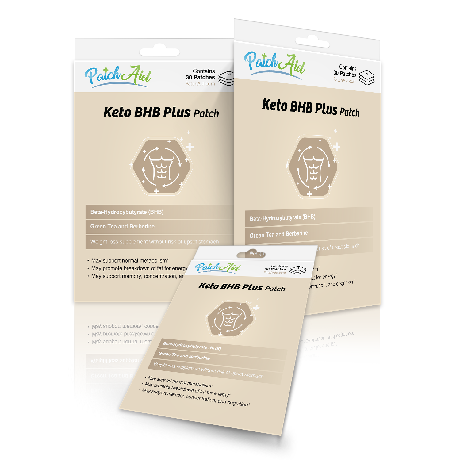 Three packages of Keto BHB Plus patches are displayed, featuring a muscular graphic, product details, and claims about supporting metabolism and weight loss without stomach upset.