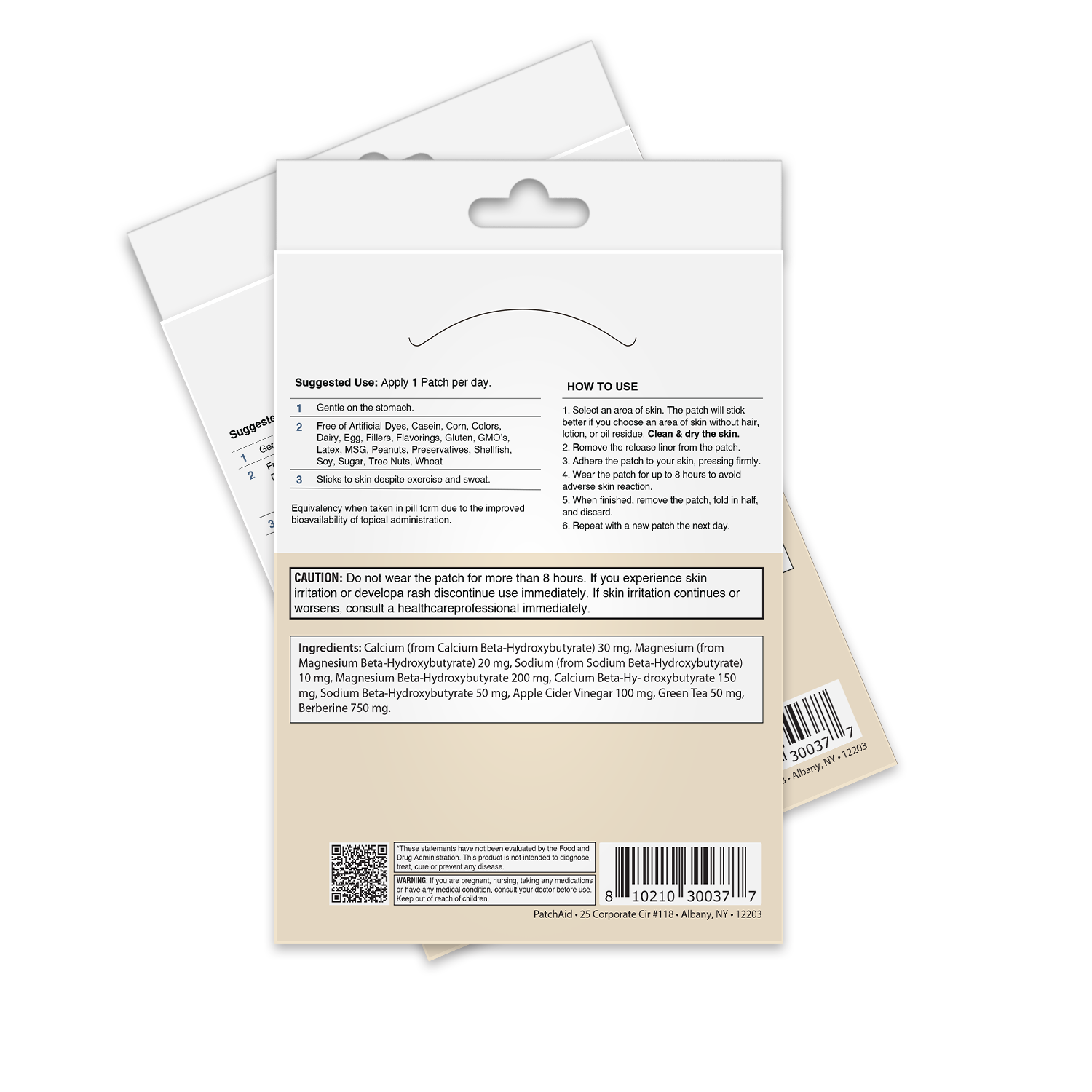 The image shows the back of a product packaging for a skin patch, detailing usage instructions, ingredients, and safety warnings, with a clean design featuring a white and beige color scheme.