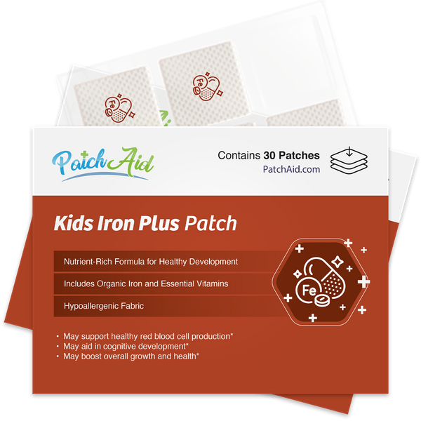A colorful product package for "Kids Iron Plus Patch" displays 30 patches, highlighting benefits like healthy development and essential vitamins, with a focus on its hypoallergenic fabric.