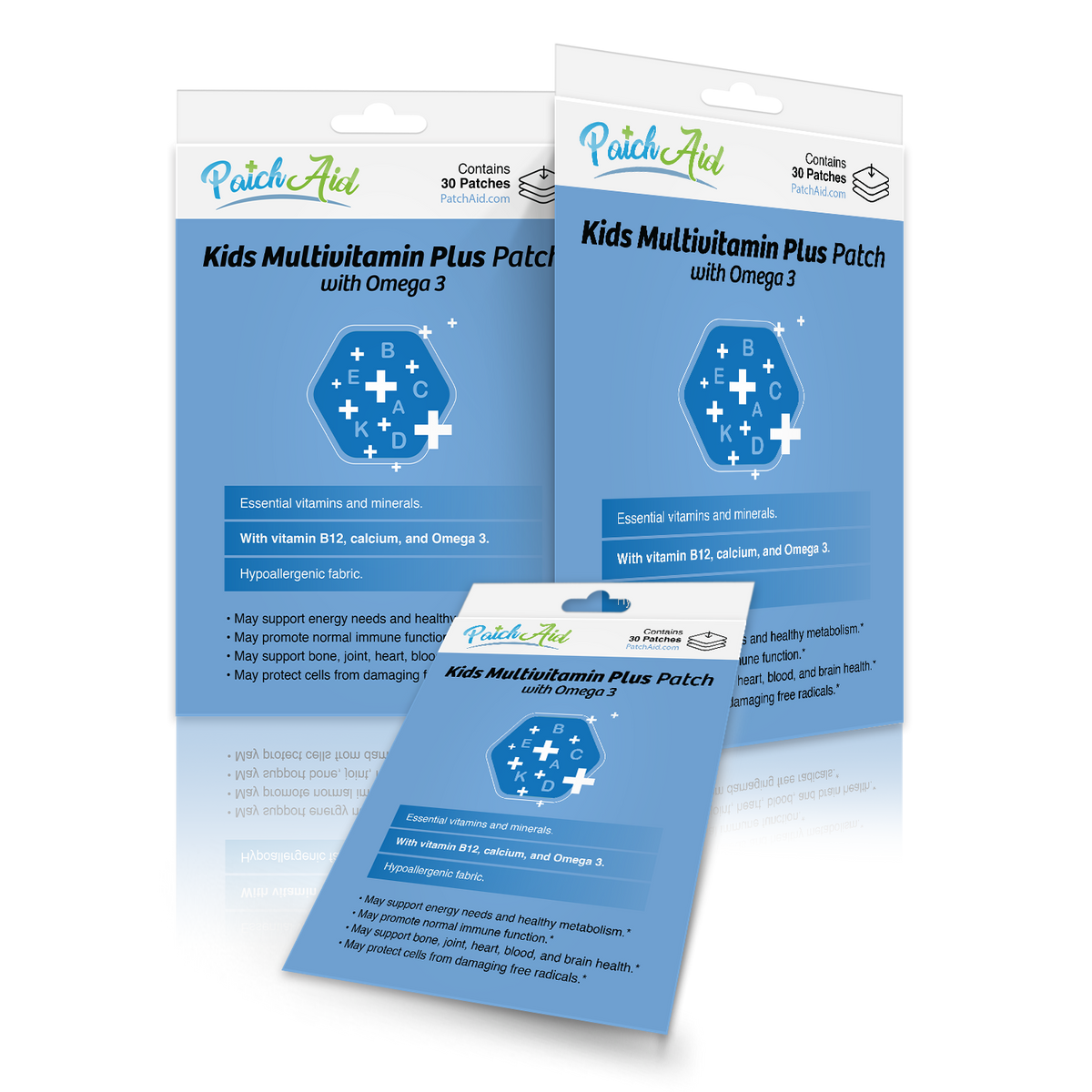 Three packages of "Kids Multivitamin Plus Patch with Omega 3" are displayed, featuring essential vitamins and minerals, with highlights on B12, calcium, and a hypoallergenic fabric.