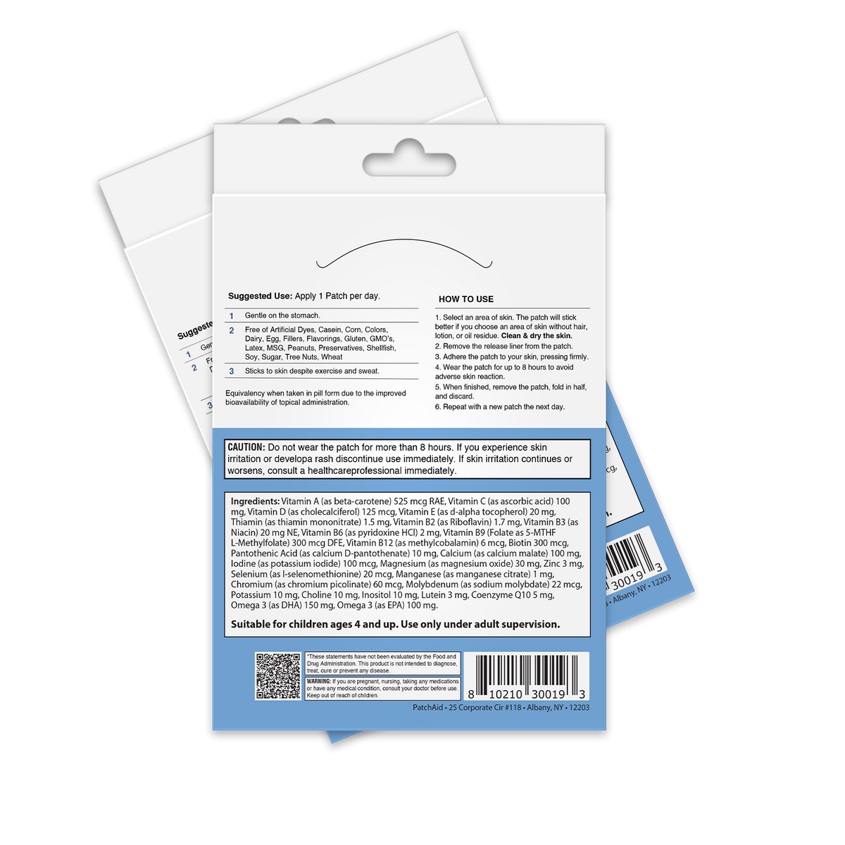 A product packaging back shows instructions for using a daily patch, listing ingredients, usage tips, and cautionary notes, set against a plain background with a barcode at the bottom.