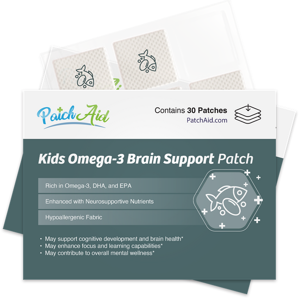 A product display features a box of "Kids Omega-3 Brain Support Patches" with information highlighting benefits like cognitive support and hypoallergenic fabric, alongside an illustration of a fish.