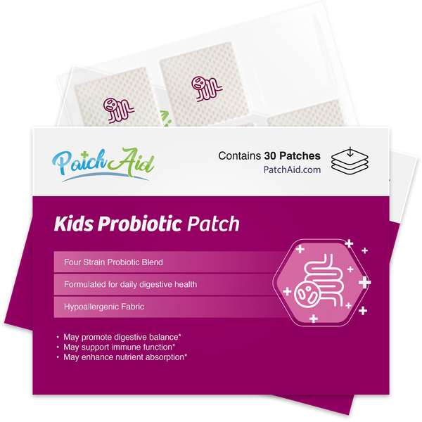 A colorful package of "Kids Probiotic Patch" displays information about its four-strain probiotic blend, benefits for digestive health, and contains 30 patches, set against a white background.