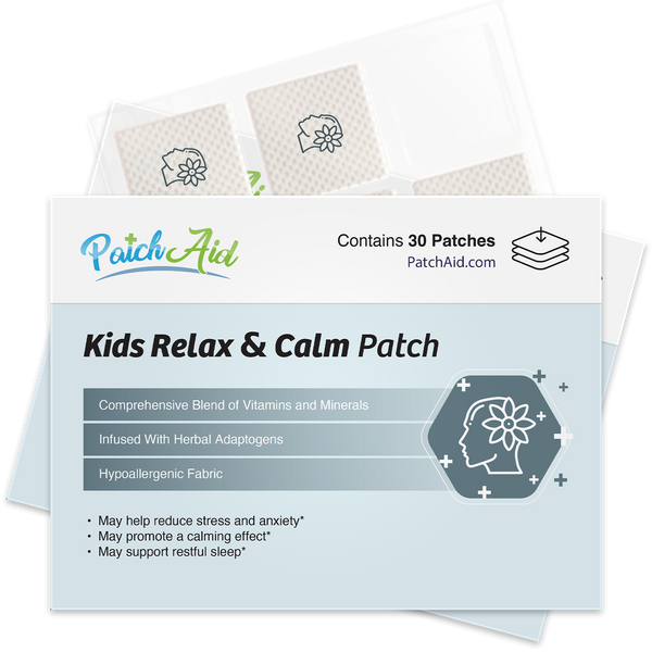 A product package for "Kids Relax & Calm Patch" displays 30 patches designed to reduce stress and anxiety, featuring a calming design and information about its vitamin blend and hypoallergenic fabric.