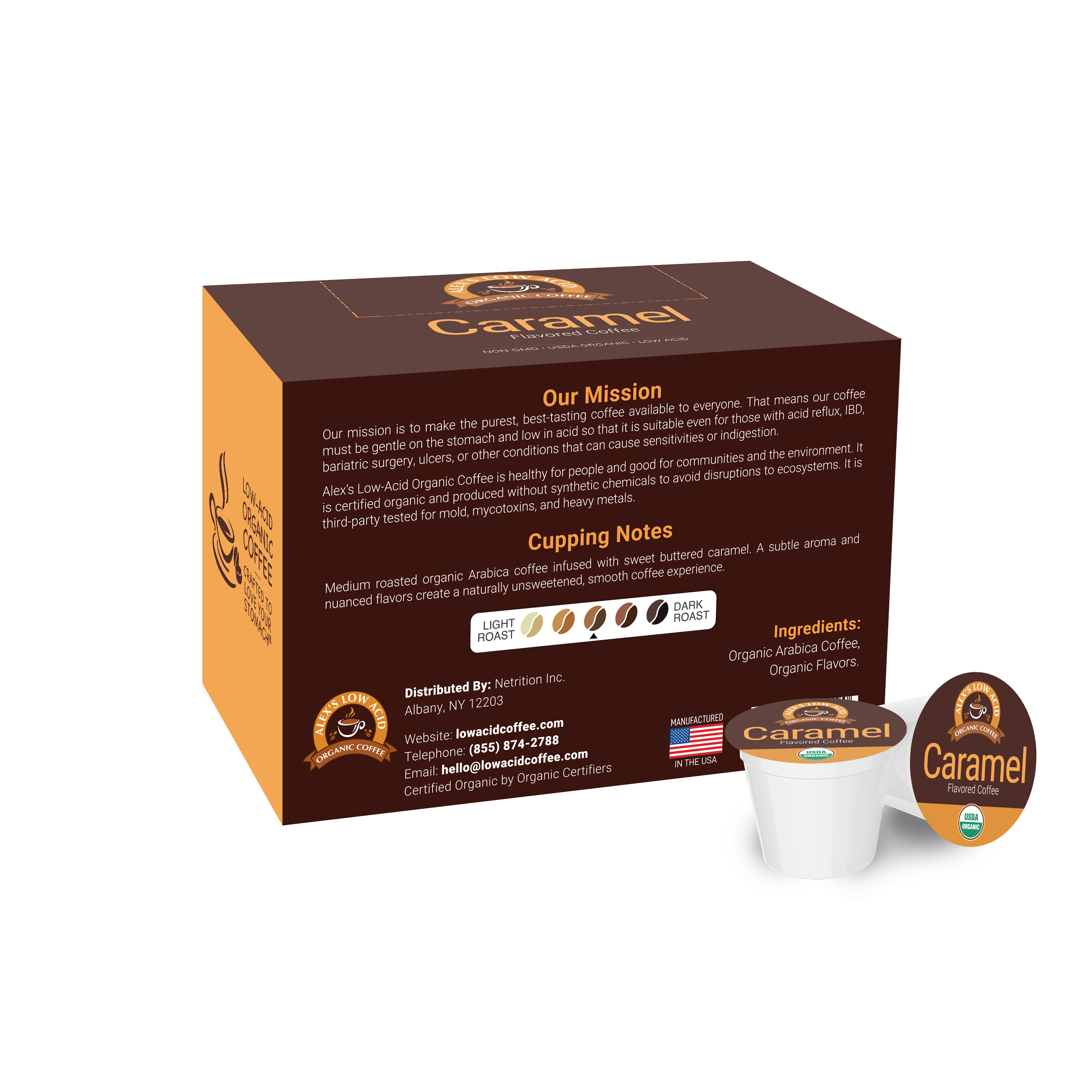 A brown box labeled "Caramel" contains single-serve coffee pods, showcasing the product's mission, cupping notes, and ingredients, emphasizing low-acid, organic coffee suitable for sensitive stomachs.