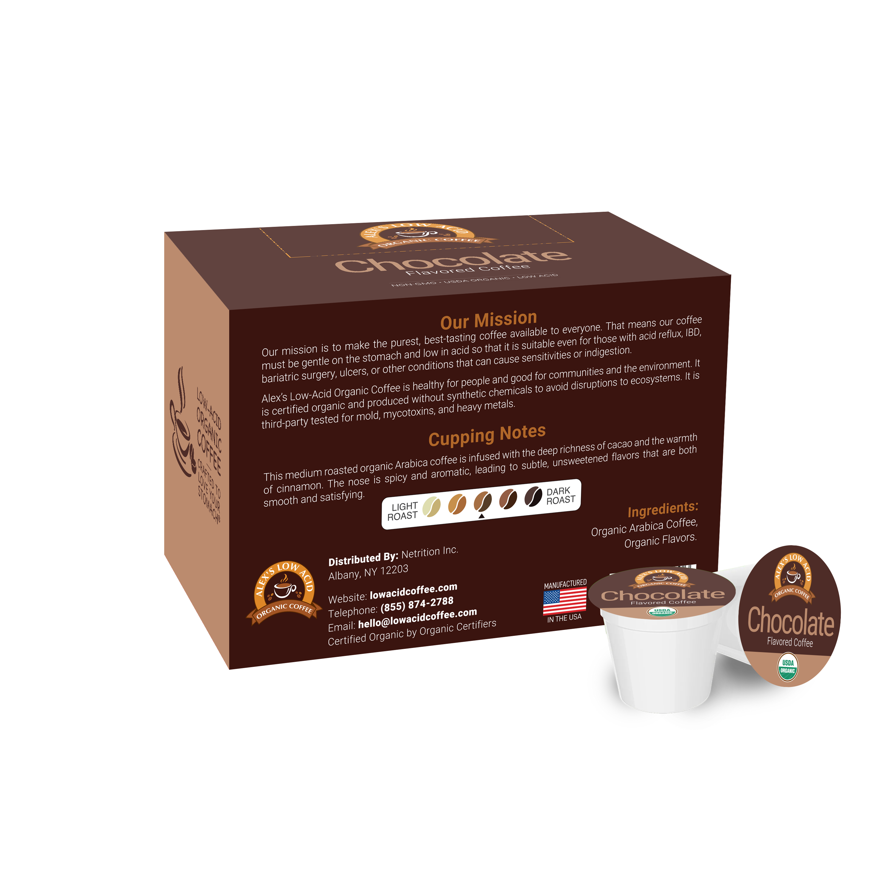 A brown coffee box labeled "Chocolate" features a single coffee pod, with text highlighting its low-acid, organic ingredients and mission to provide gentle, flavorful coffee for sensitive stomachs.