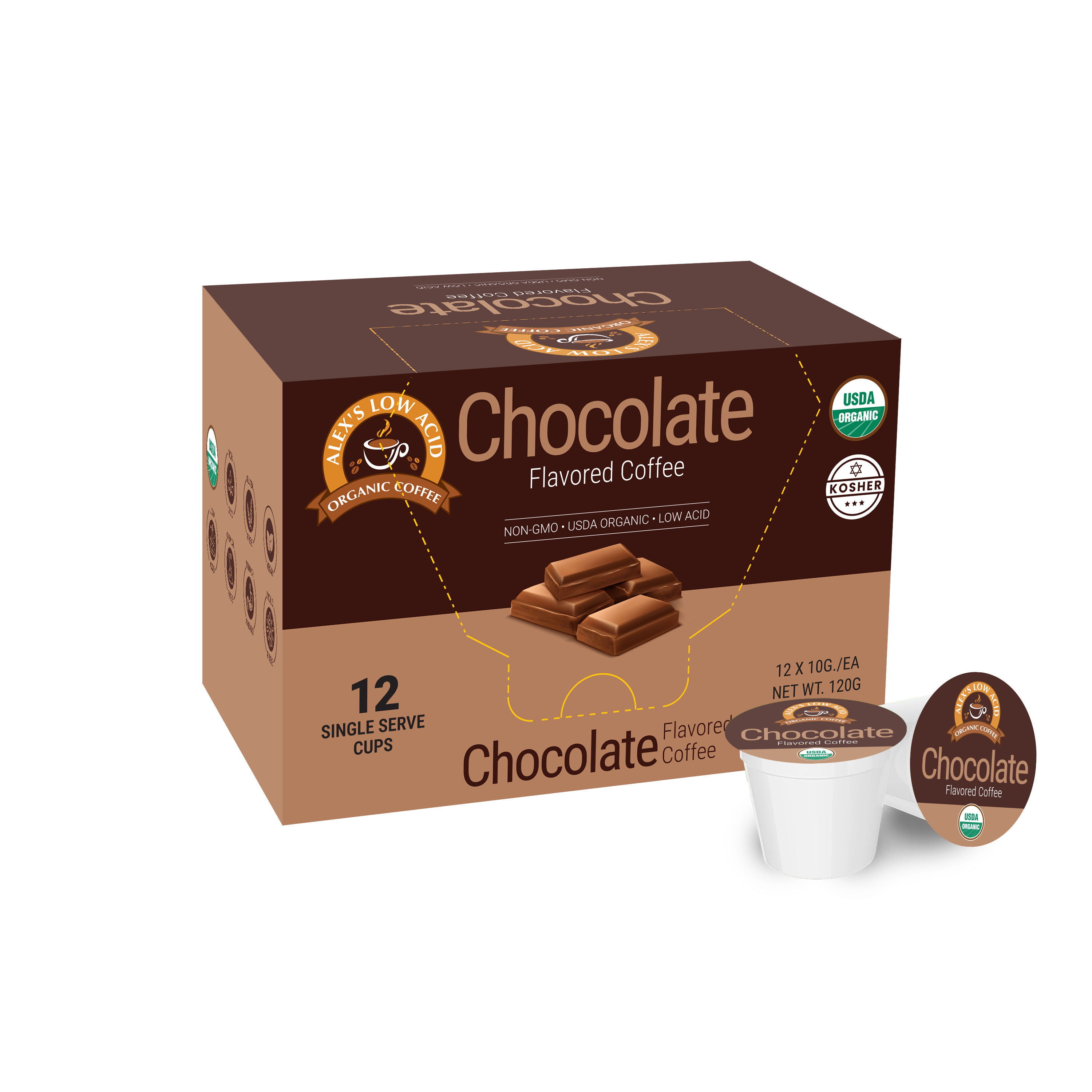 A box of chocolate-flavored coffee pods is displayed, featuring a design that highlights its organic and low-acid qualities, with a total of 12 single-serve cups included.
