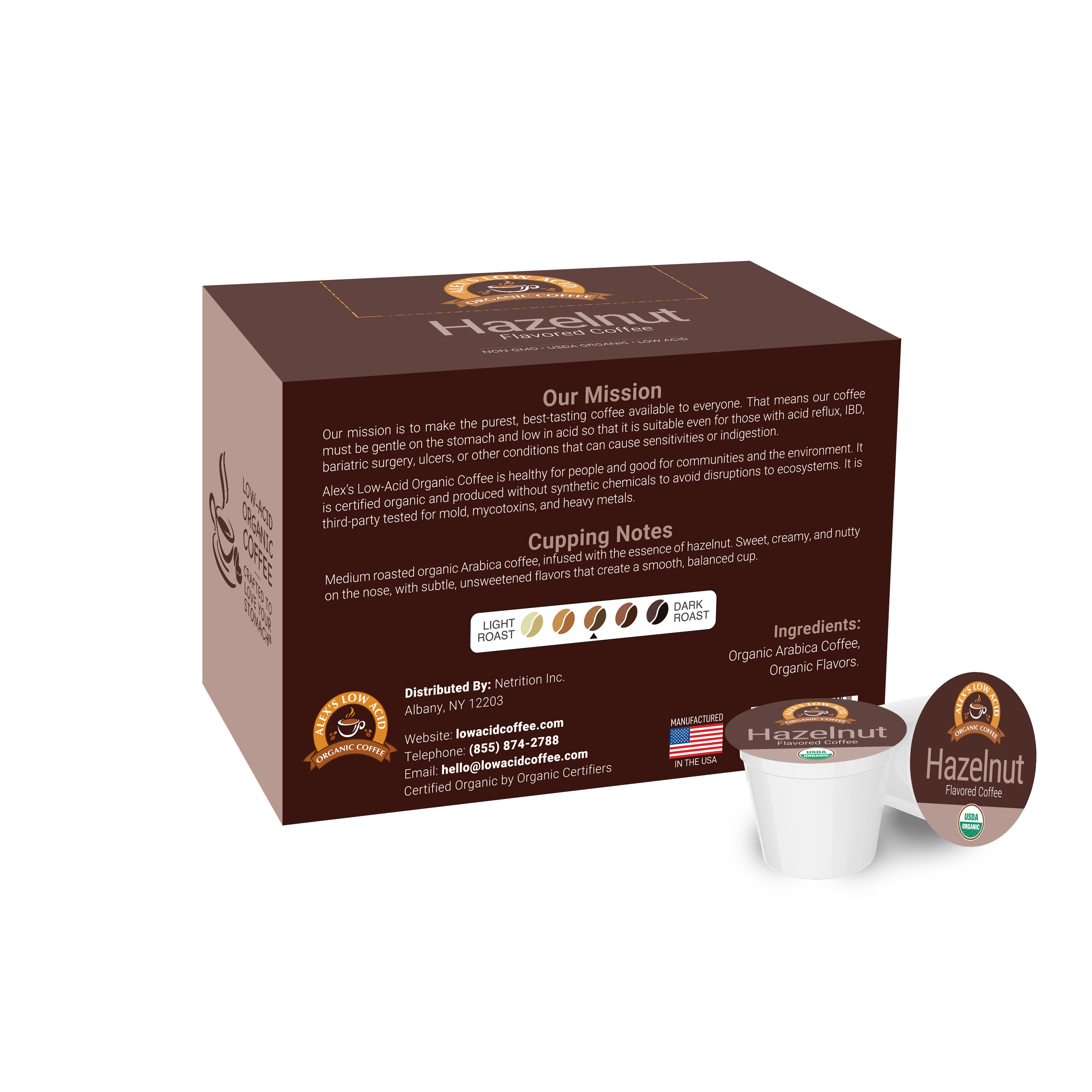 A brown coffee box labeled "Hazelnut" features a mission statement and cupping notes, alongside a white coffee pod with the same label, set against a plain background.