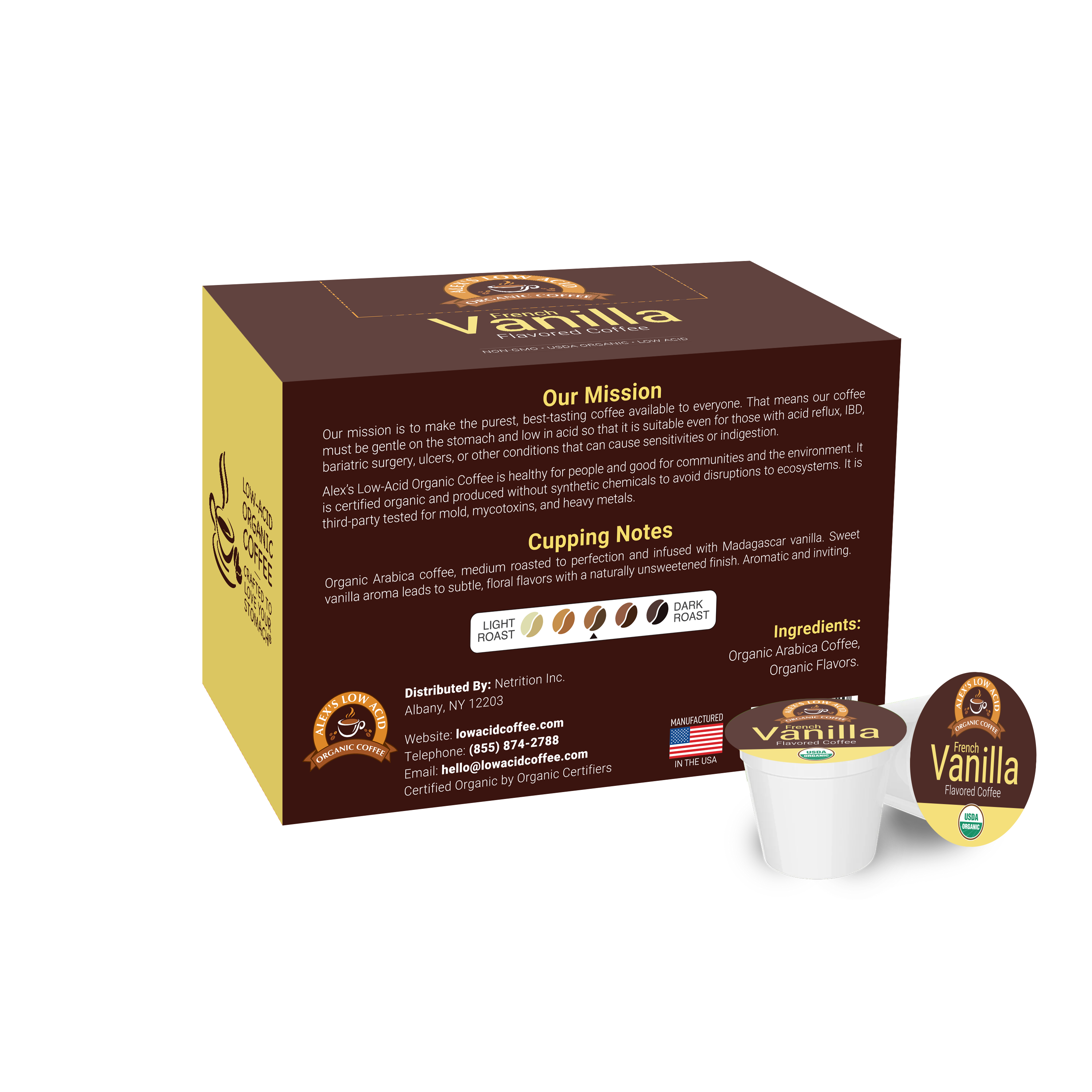 A brown box labeled "Vanilla" contains organic coffee pods, featuring a mission statement about low-acid coffee, with a visible cup showcasing the flavor and ingredients.