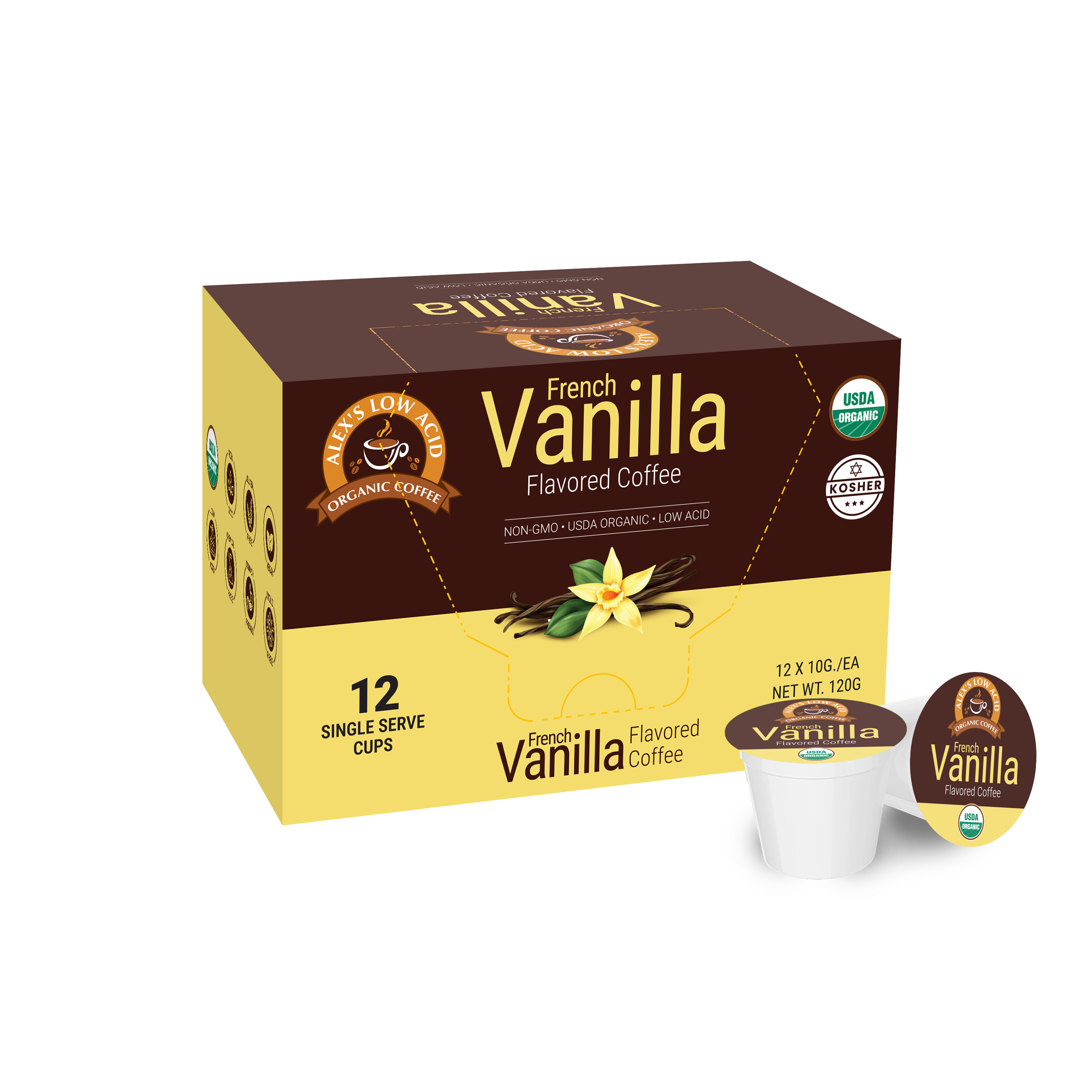 A box of French Vanilla flavored coffee contains 12 single-serve cups, featuring a design with a vanilla flower and information about being organic, non-GMO, and low acid.