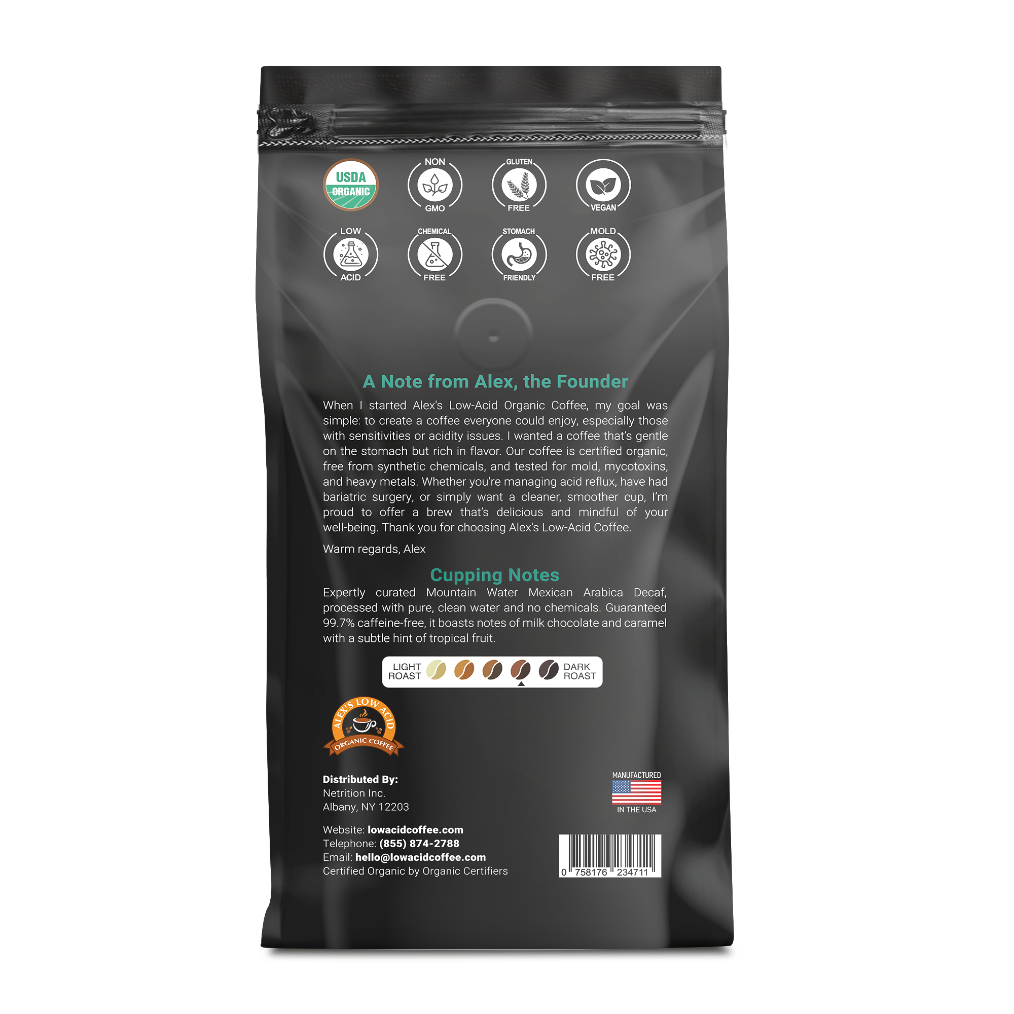 Alex's Low Acid Organic Coffee™ - Decaf Fresh Ground (12oz)