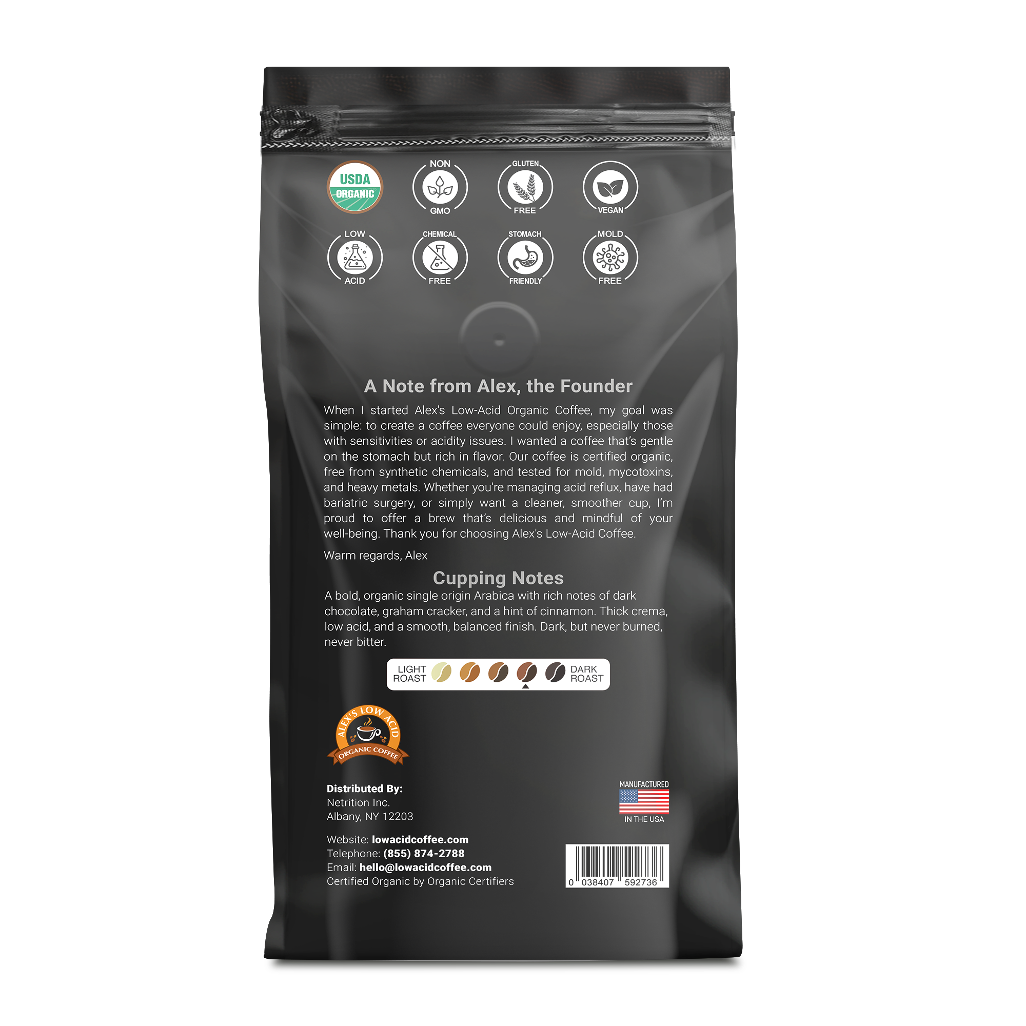 Alex's Low Acid Organic Coffee™ - Espresso Whole Bean (12oz)