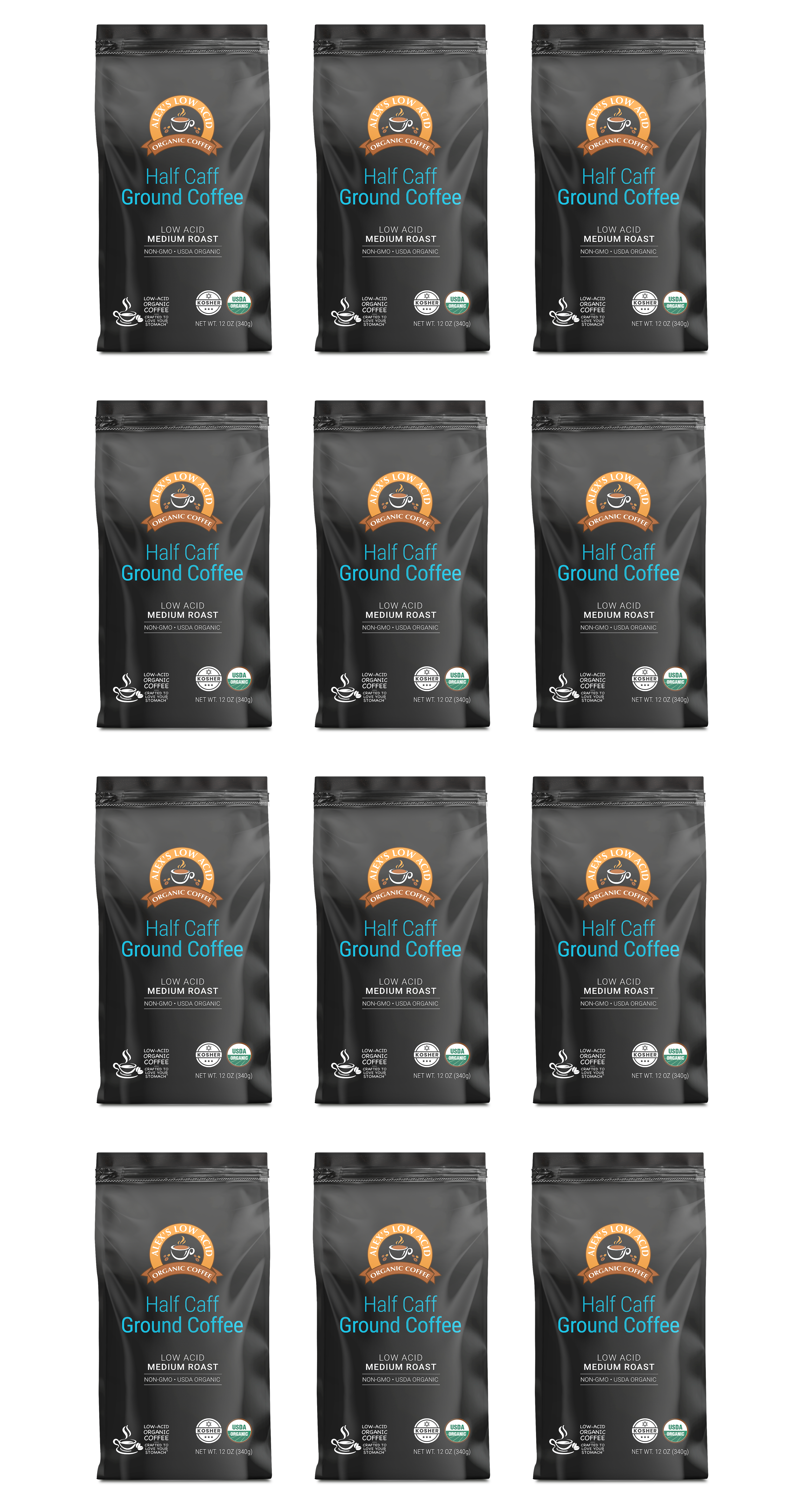 Alex's Low Acid Organic Coffee™ - Half Caff Fresh Ground (12oz)